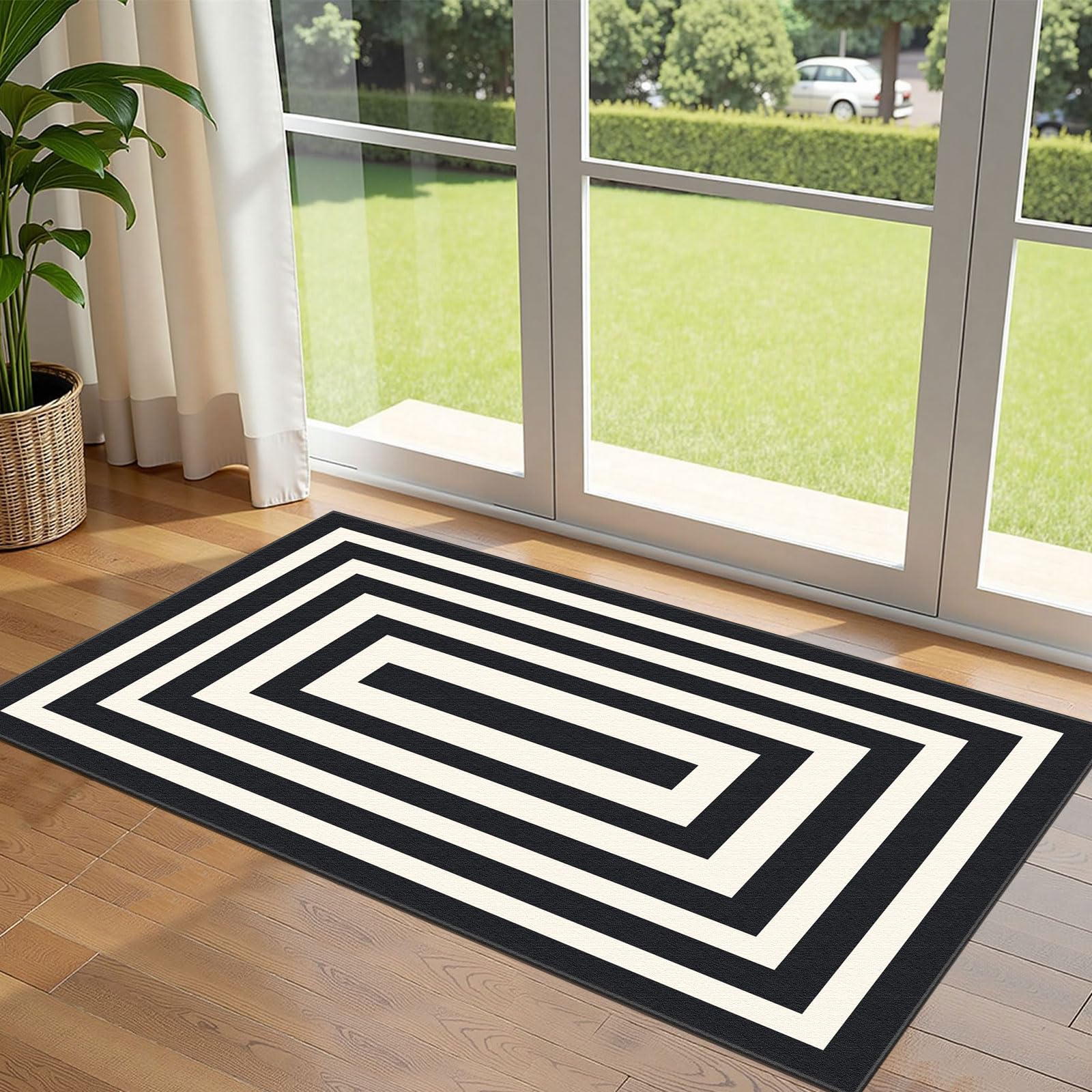 Othilic Front Door Mat Indoor Entrance - 2x4.3 Ft Modern Washable Layered Doormat Outdoor Entrance Porch Rug Non-Slip Black White Geometric Runner Rug for Kitchen Bedroom Laundry Room Porch Decor