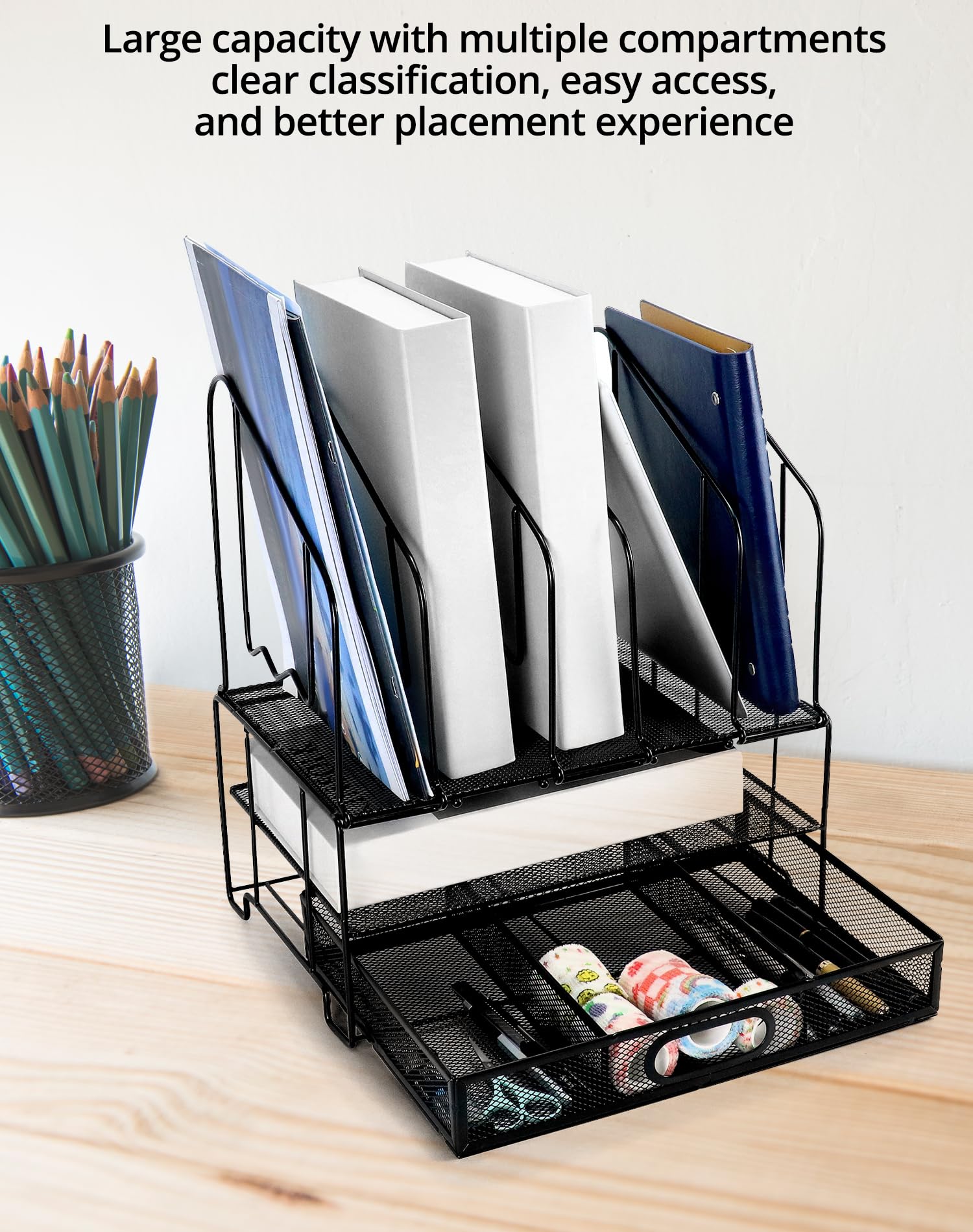 QWORK® Mesh Schreibtisch Organizer, mit schublade und 6 vertikaler ständer, büro Organizer, schwarz