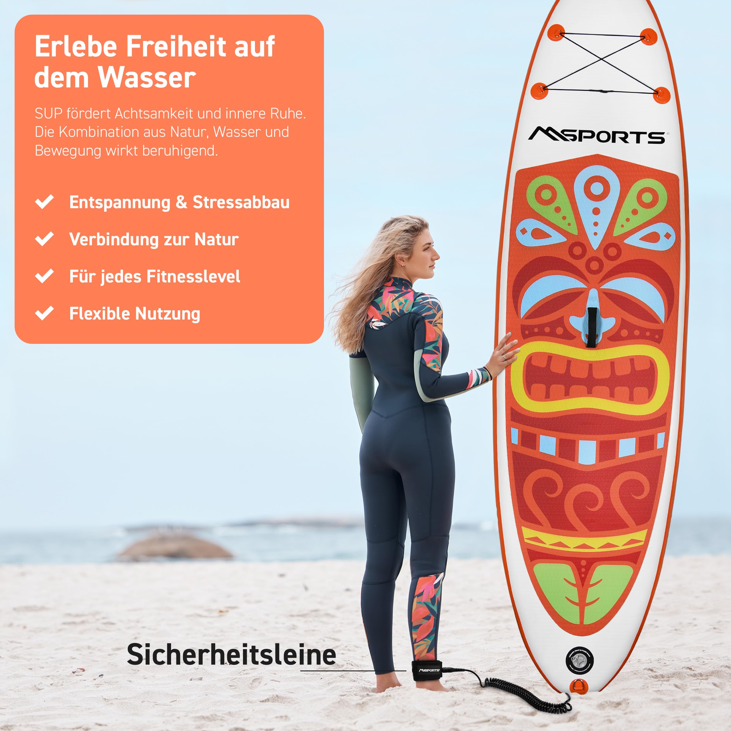 MSPORTS SUP - Stand Up Paddling Board - Aufblasbar Komplettes Paddleboard Zubehör Verstellbares Paddel, hochwertige Pumpe + 2X Paddelstock + wasserdichte Smartphone Tasche + Multifunktionstasche