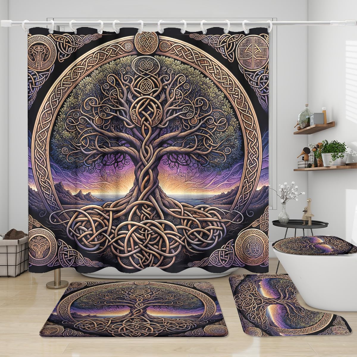 KuracleGH Vintage Celtic Tree of Life Shower Curtain Sets 4 Pcs,Rustic Norse Vikings Boho Yggdrasil Tree of Life Bathroom Decor with Rugs Include
