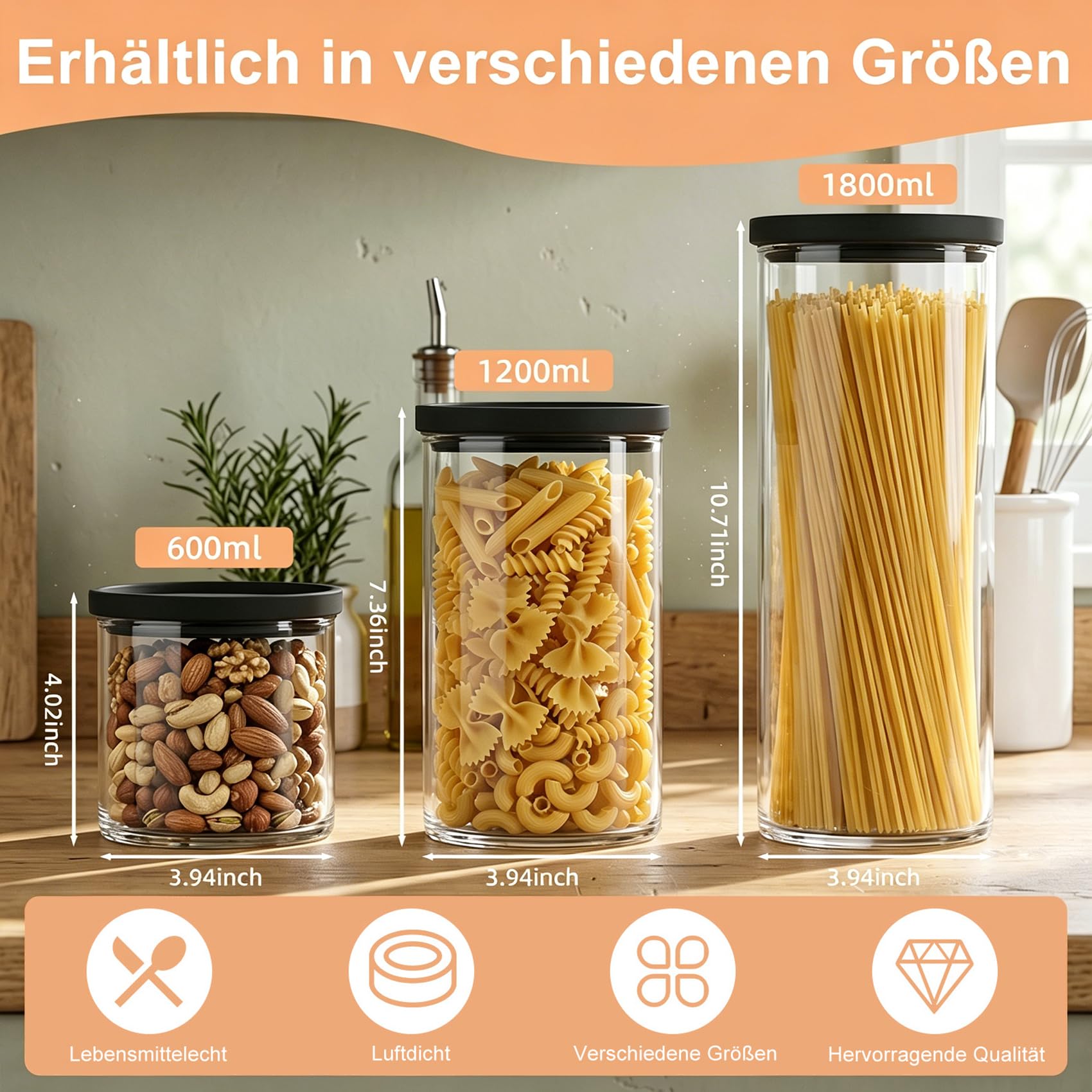twoant Juego de 4 Redondos Tarros de Cristal Con Tapa Hermética transparente y apilable，1200ml Cocina Botes Almacenaje Ideales Para Guardar Especias, Pasta, Legumbres, Avena, Cereales, Etc