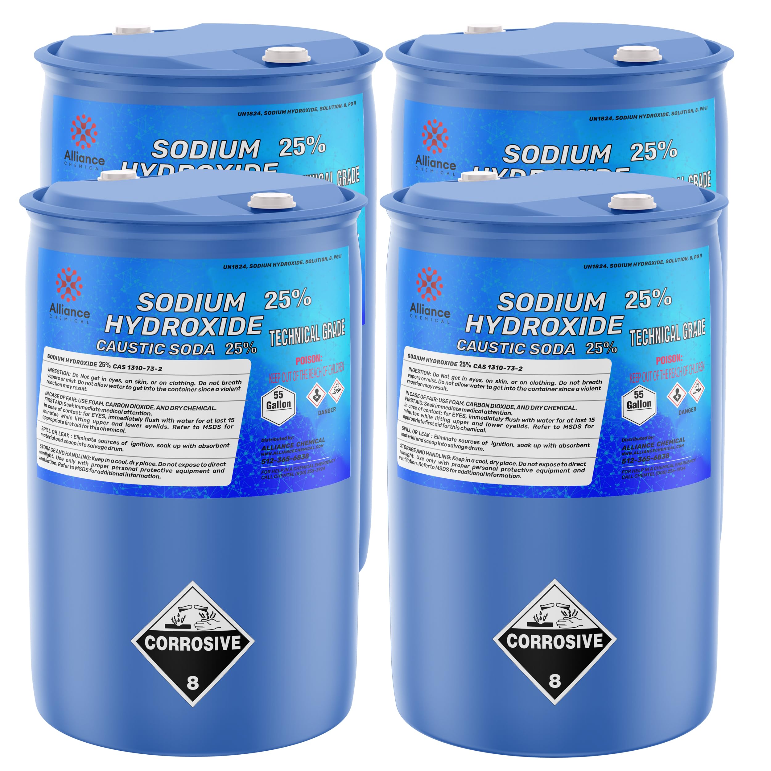 Sodium Hydroxide 25% Technical Grade - 4 x 55 Gallon Drums (220 Gallons)