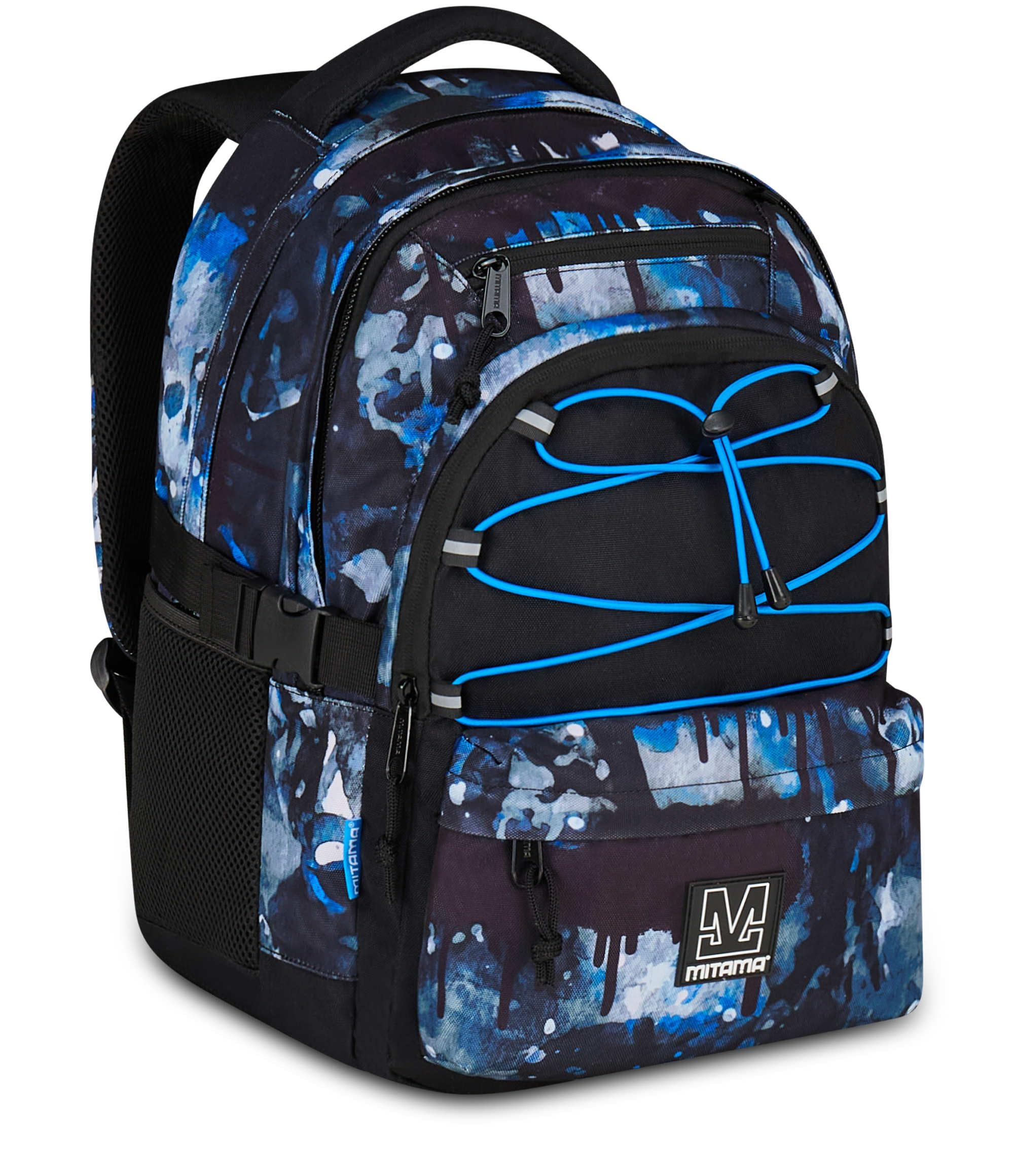 Mitama Zaino Scuola #BDBF BLUEDROPS, Blu, Zaino Triplo Scomparto, Tasca Porta Borraccia, Porta USB Integrata, Larghezza Regolabile, Zaino Scuola Media e Superiore, Ragazzo