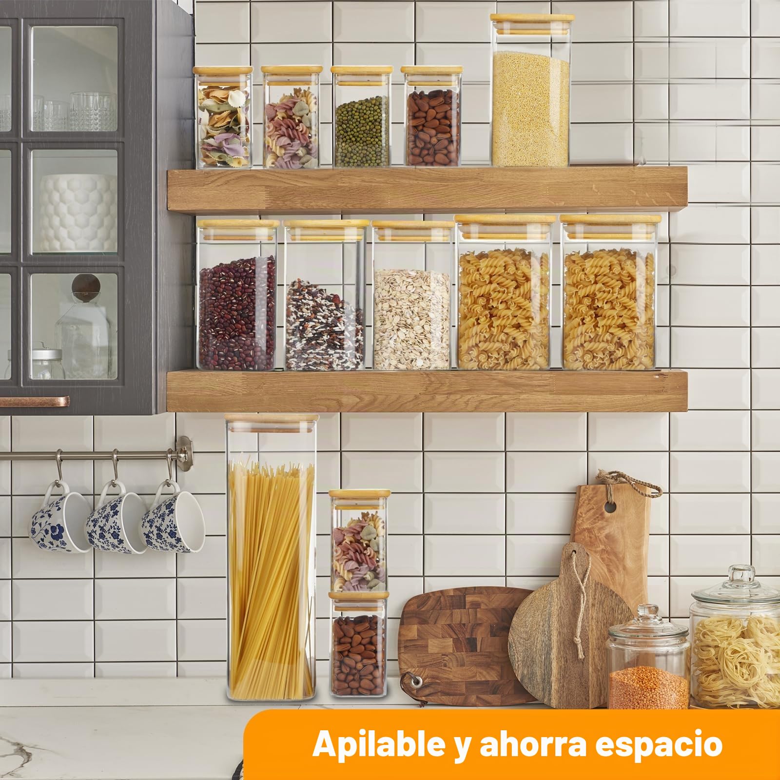 Withosent 11pcs Grandes Tarros de Cristal con Tapa Madera, 2400ml/ 1150ml/ 700ml/ 280ml Apilable Botes Cristal Tarros Especias, Frascos de Vidrio Cocina Almacenaje para Pasta, Cereales, Harina
