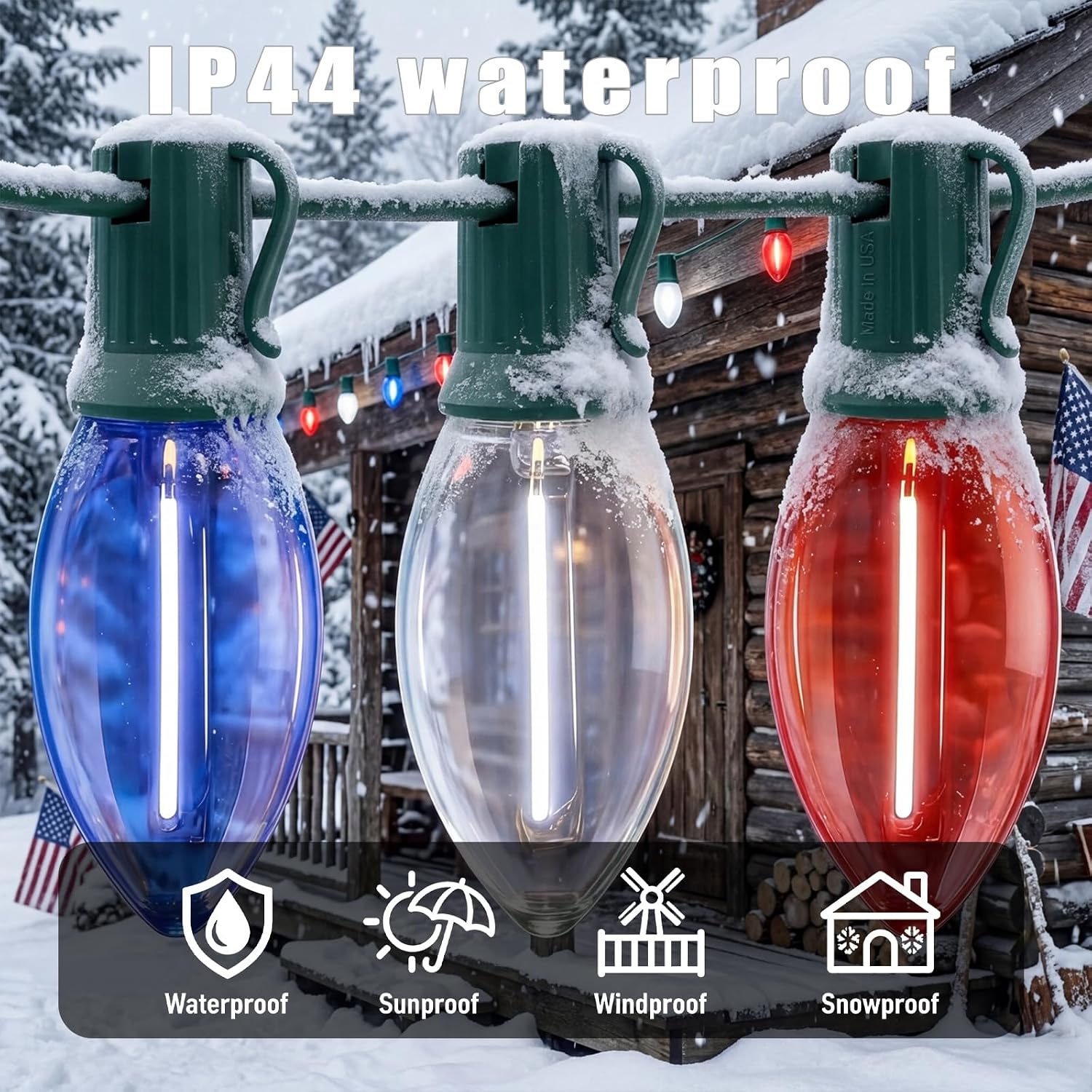 25 LED Patriotic C9 String Lights, Red White & Blue, Green Wire, 120V, for Independence Day & Patriotic Decor