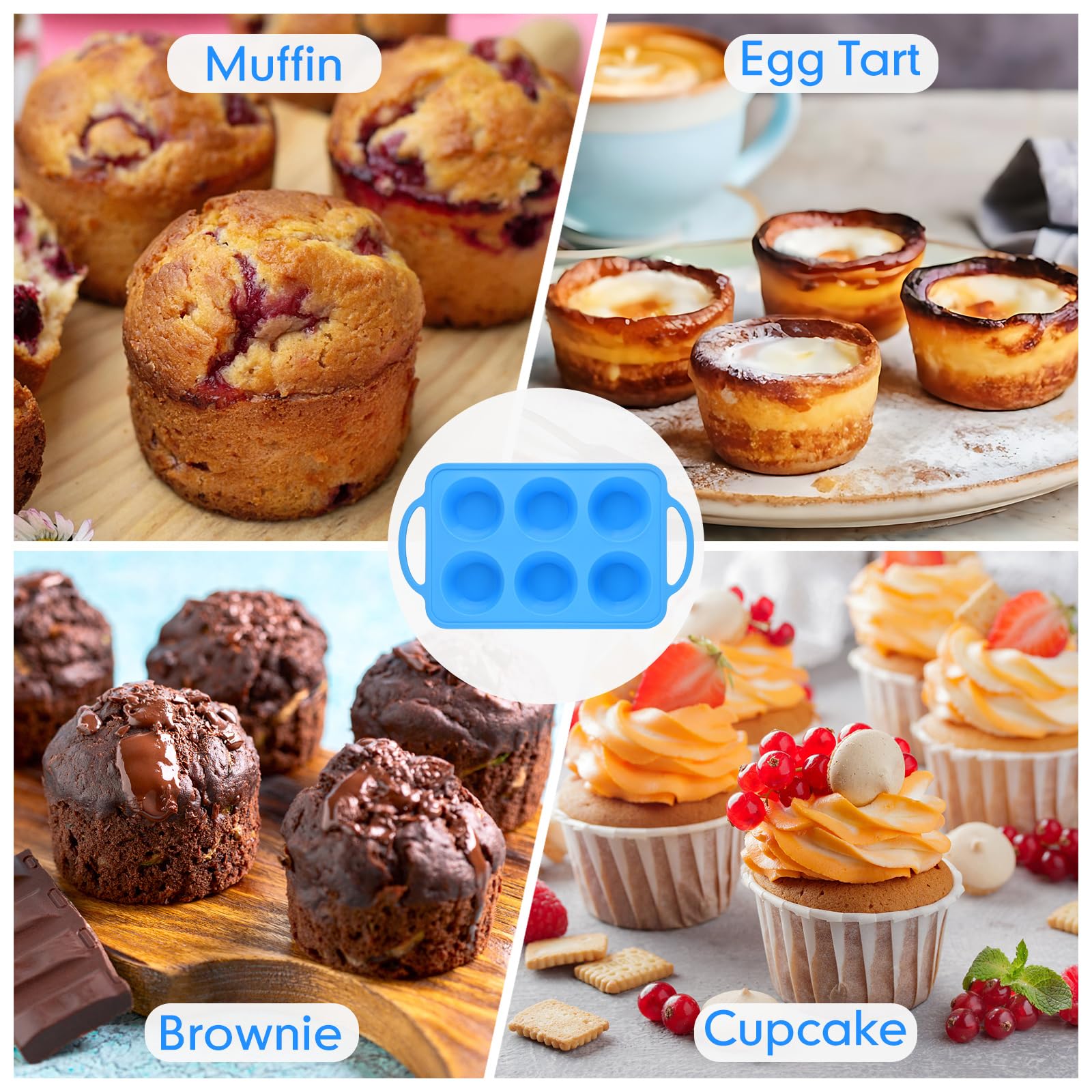 3 moldes de silicona para cupcakes con marcos de metal, 6 tazas, moldes de silicona antiadherentes para hornear magdalenas, bandeja de silicona para magdalenas, mini molde para magdalenas (azul)