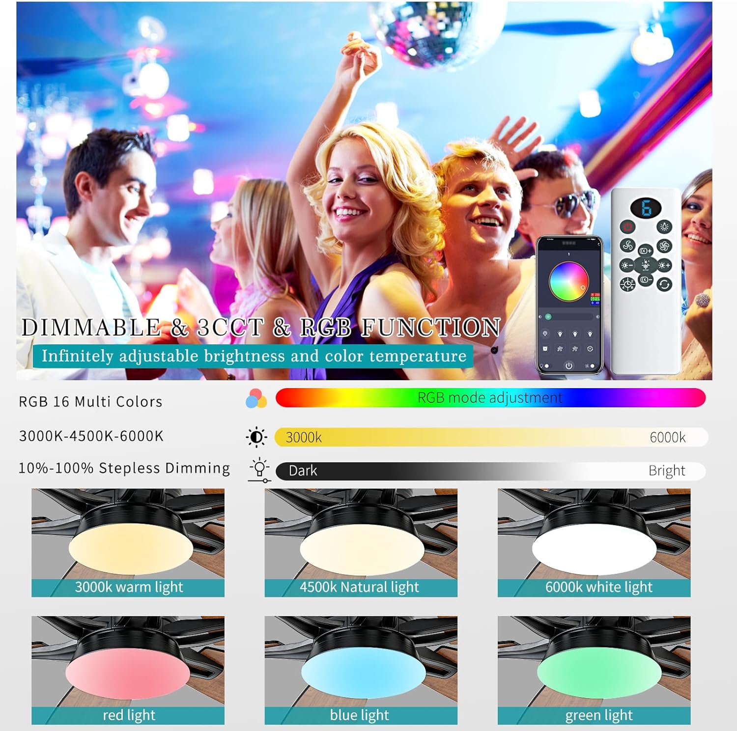 52inch Brown Ceiling Fans with Lights and Remote/App Control, Low Profile Ceiling Fan with Light and 6 Double-Side blades, Flush Mount, LED/RGB Dimmable DC Reversible Modern Ceiling Fan for Bedroom image 2 of 9 B0FBWFKVS3