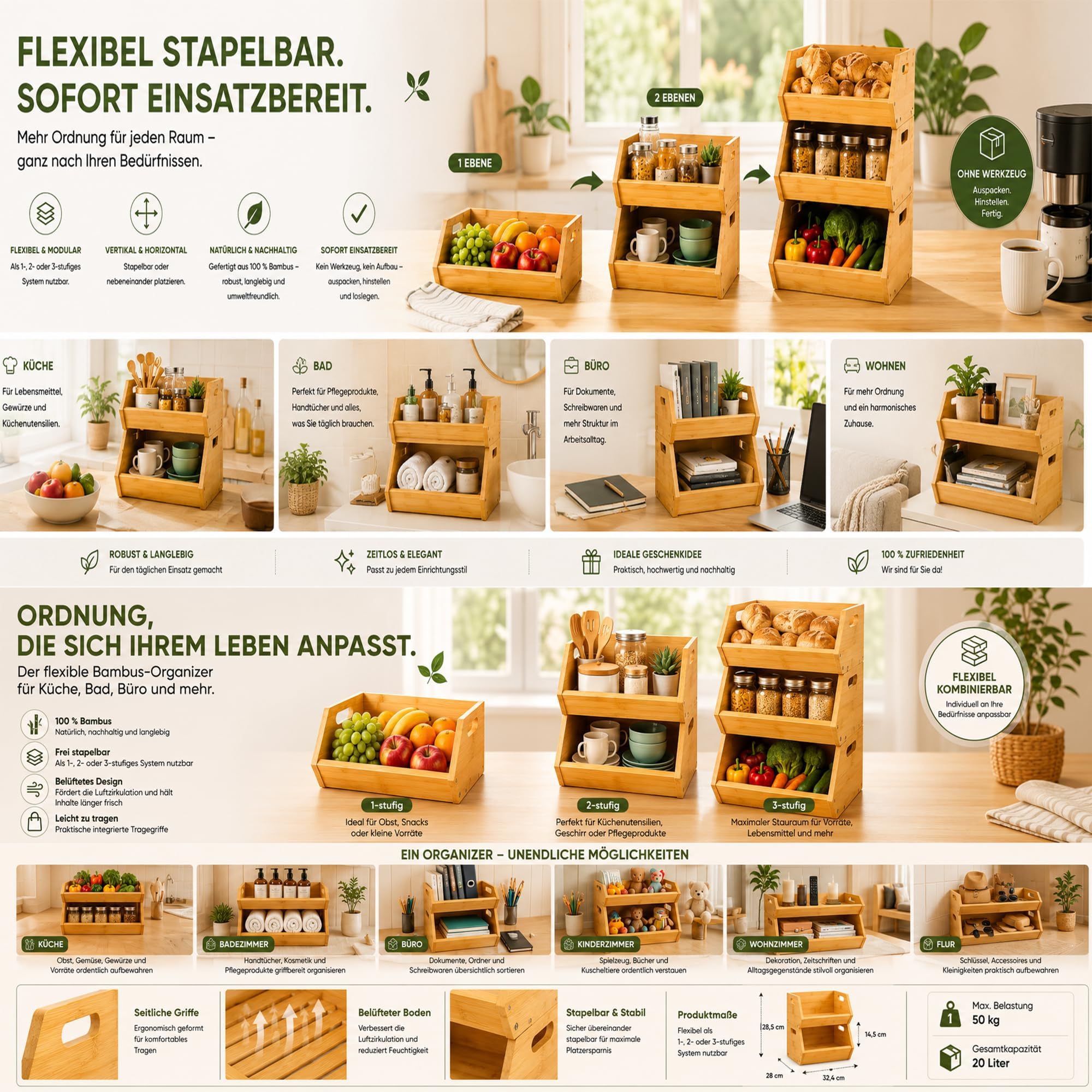 ADEL DREAM Panier à Fruits en Bambou à 3 Niveaux, Paniers Amovibles | 3 paniers séparés ou empilés, parfaits pour fruits, légumes, pain, snacks et objets du quotidien