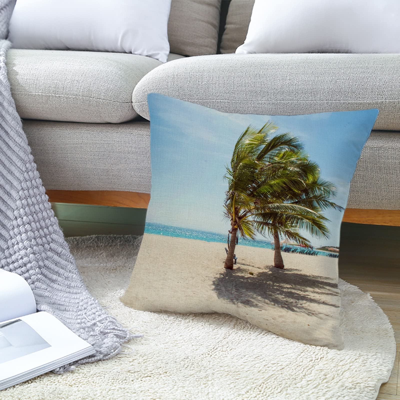 4 fundas de almohada de 50 x 50 cm, fundas de cojín decorativas azul, verde, beige, playa, árbol de coco y lino, funda de cojín decorativa para salón, dormitorio
