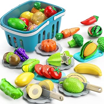 Carrito De Compras De Juguete Con 20 Frutas Y Verduras Falsas – Juego De Rol Para Niños De 3 A 6 Años | Estructura Estable Y Ruedas Silenciosas | Regalo De Cumple O Navidad