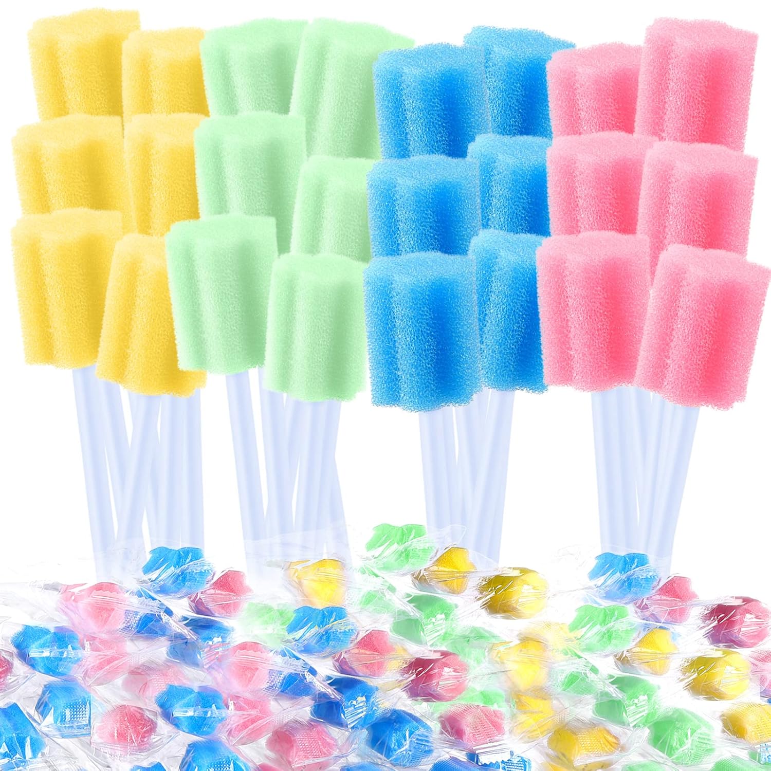 TrelaCo 500 Pcs Toothettes Oral Swabs Bulk Disposable Mouth Cotton Swabs Multicolor Sponge Individually Wrapped for Elderly Adults Oral Cavity Mouth Cleaning(Plum Blossom)
