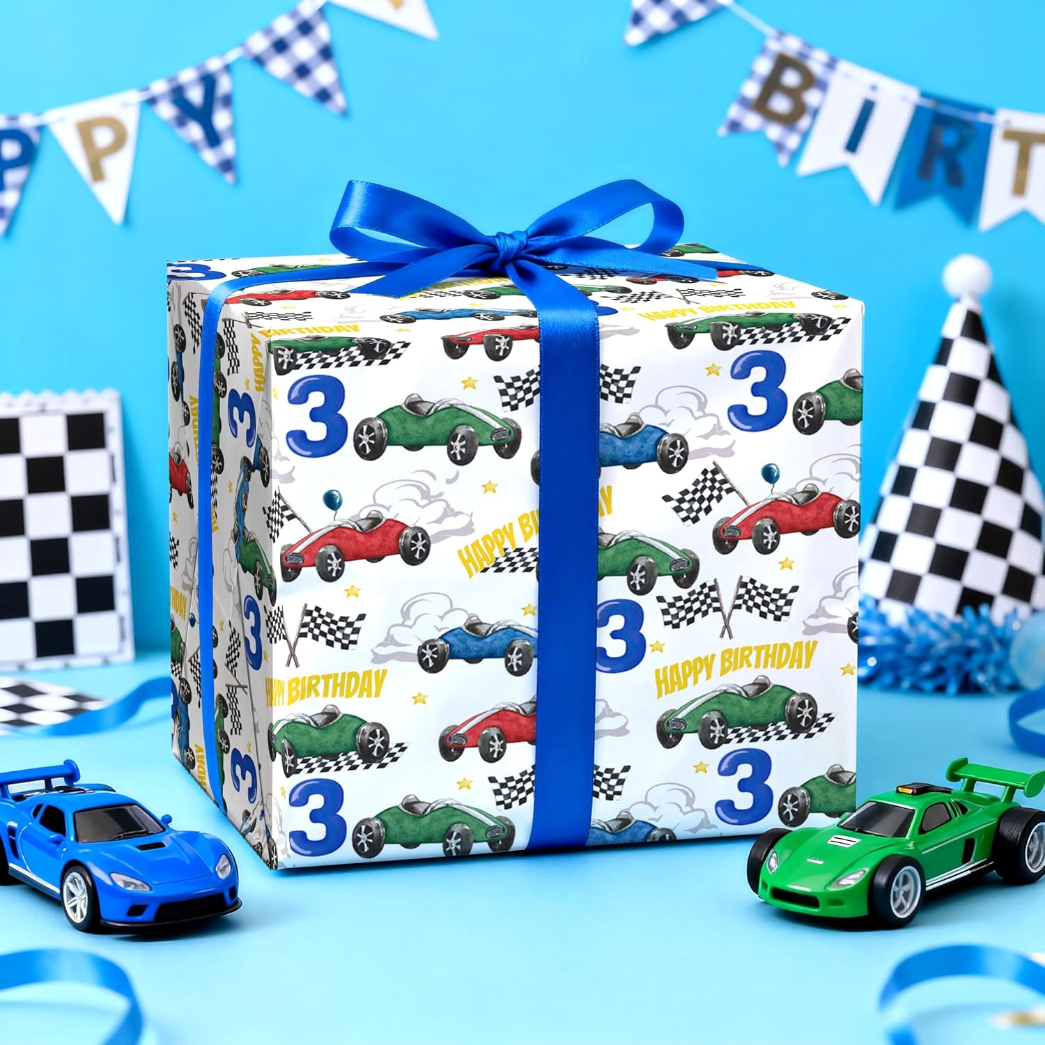 RUSPEPA Race Car 3rd Birthday Wrapping Paper Roll, Mini Roll, Vintage Red Blue Green Car Design with Checkered Flags & Number 3, Fun Party Gift Wrap for Kids Boys Birthday, 17 Inches x 16.4 Feet image 3