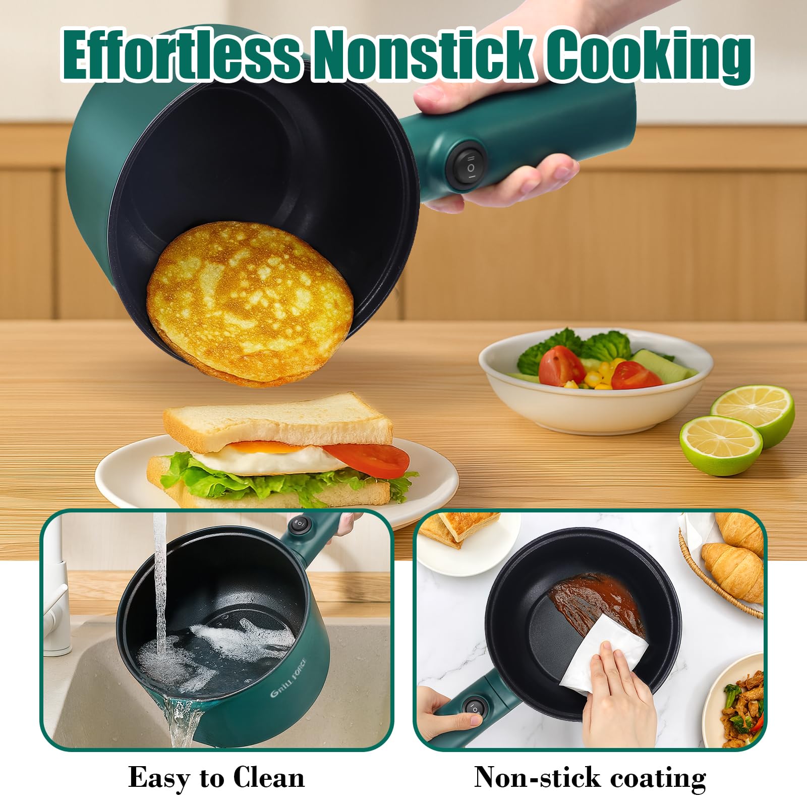 Olla eléctrica, olla de ramen de 1.8 L, cocina portátil, sartén antiadherente, olla eléctrica para pasta, huevo, filete, protección contra sobrecalentamiento, control de potencia dual 4