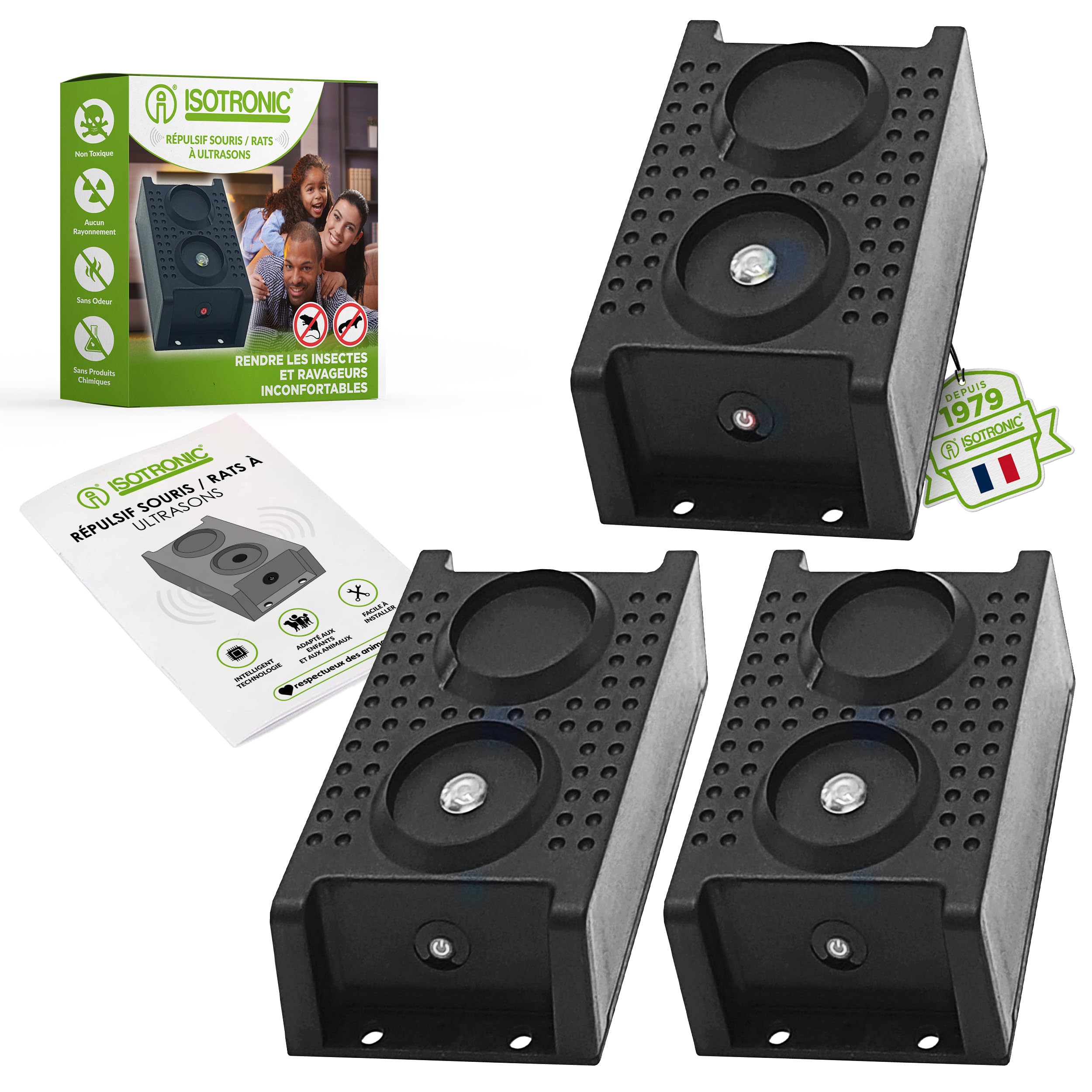 ISOTRONIC Répulsif pour Les martres, Souris et Les Rats avec Fonction de lumière/Clignotant LED Ultrasons pour la Voiture, la Maison, Le Garage et Le Grenier