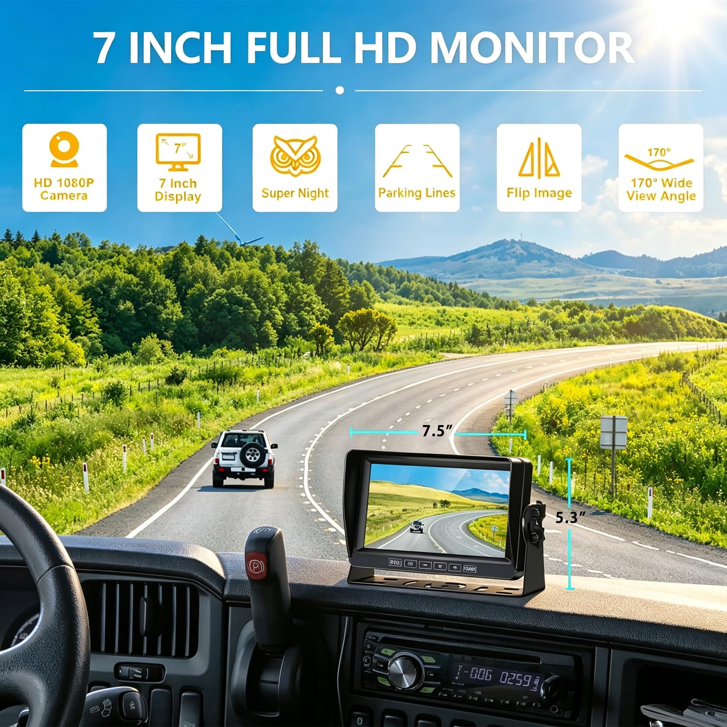 Caméra de Recul Filaire 1080P avec Écran HD 7 Pouces Vision Nocturne Couleur Starlight 12V-24V Caméra Compacte Facile à Installer pour SUV Voiture Camping-Car Camion Van IP69 Étanche Câble 15m