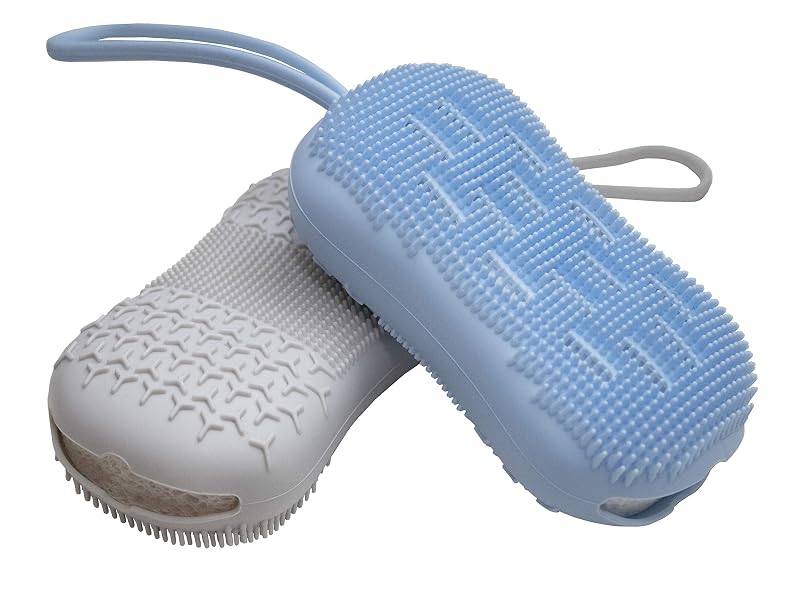 Escovas de silicone para banho e corpo Serenity Select, dupla face, com esponja interna, azul/cinza, pacote com 2