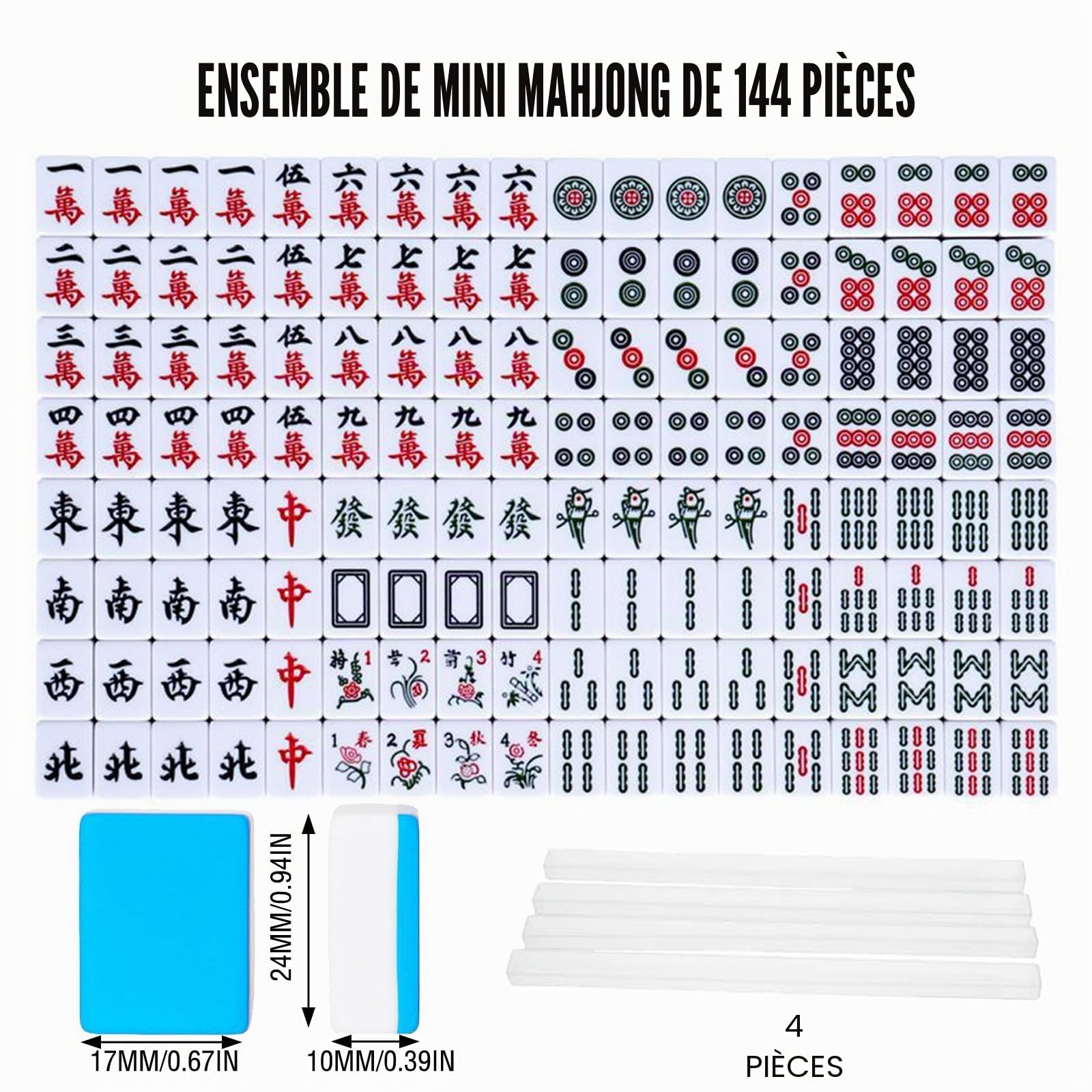 Mini Mahjong 24 mm – Jeu de société chinois portable avec 144 carreaux, 2 dés, jeu familial parfait pour la maison ou les déplacements