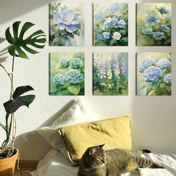 KAIRNE Blue Hydrangea Floral Oil Painting Style Canvas Wall Art 8x10inch x6