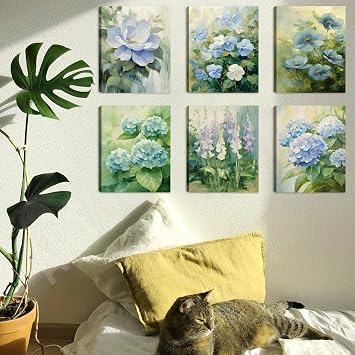 KAIRNE Blue Hydrangea Floral Oil Painting Style Canvas Wall Art 8x10inch x6