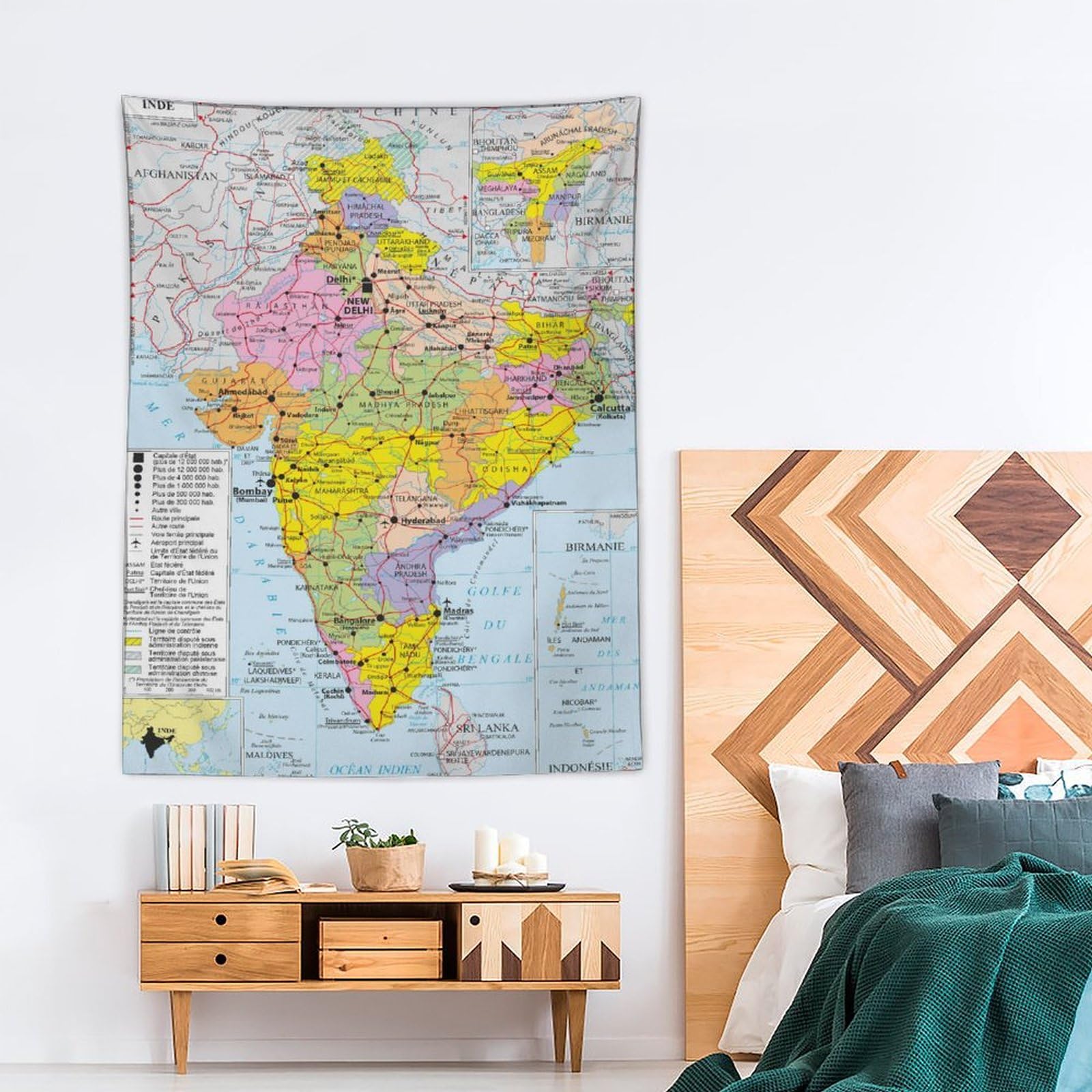 Affiches de carte du monde de l'Inde - Impressions d'art cool - Impression d'art mural à suspendre - Décoration d'intérieur - Idée cadeau - 152,4 x 203,2 cm