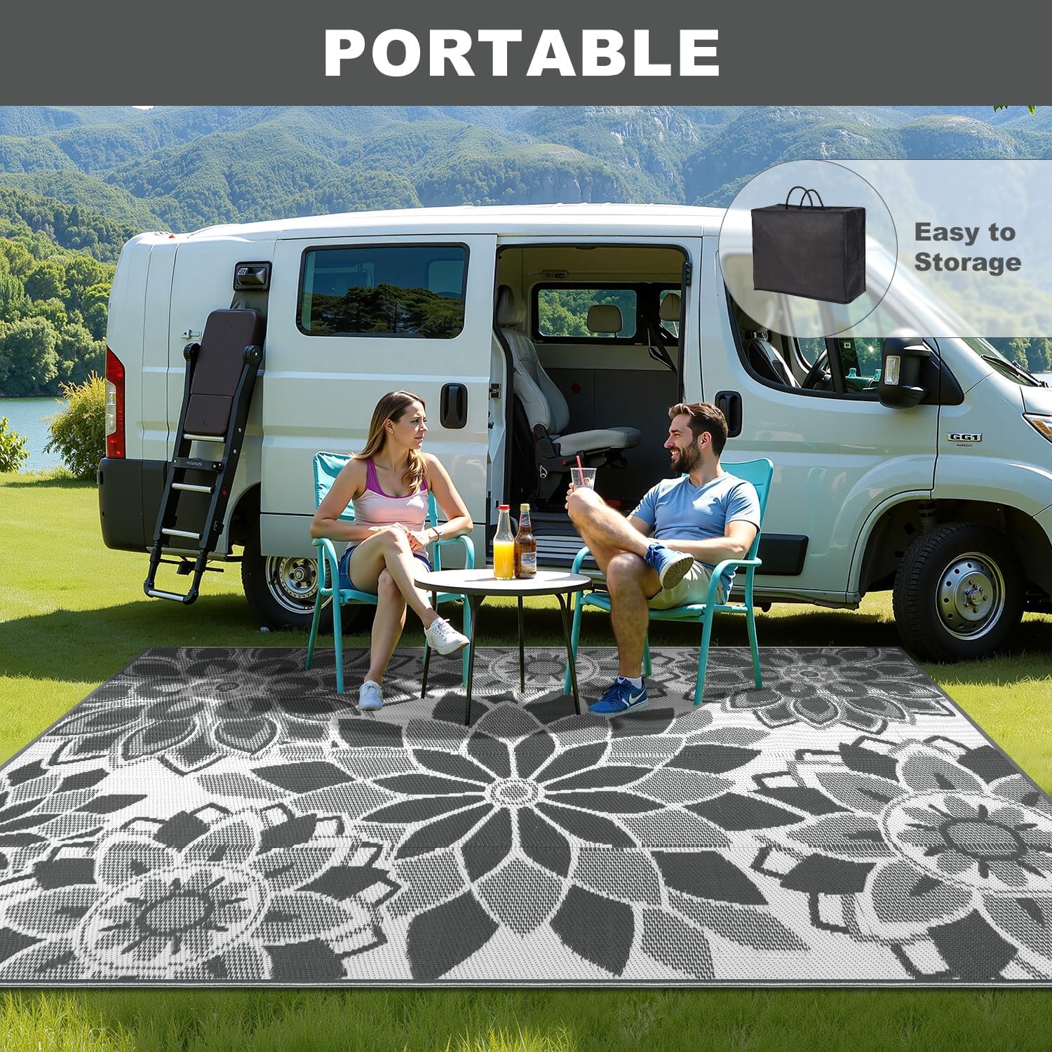 LOKHOM Outdoor Rug for Patio 6x9 ft Reversible Plastic Straw Patio Camping Rug, Floral Waterproof RV Mat for Camper Indoor Outdoor Carpet for Deck Porch Picnic Beach Balcony Backyard, Grey & White