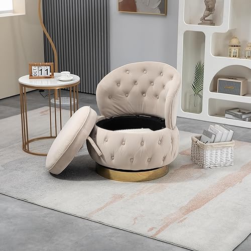 Miniatura 8 de Yoglad Silla giratoria de tocador 360, taburete de maquillaje con almacenamiento y respaldo, silla redonda copetuda con relleno, para dormitorio,