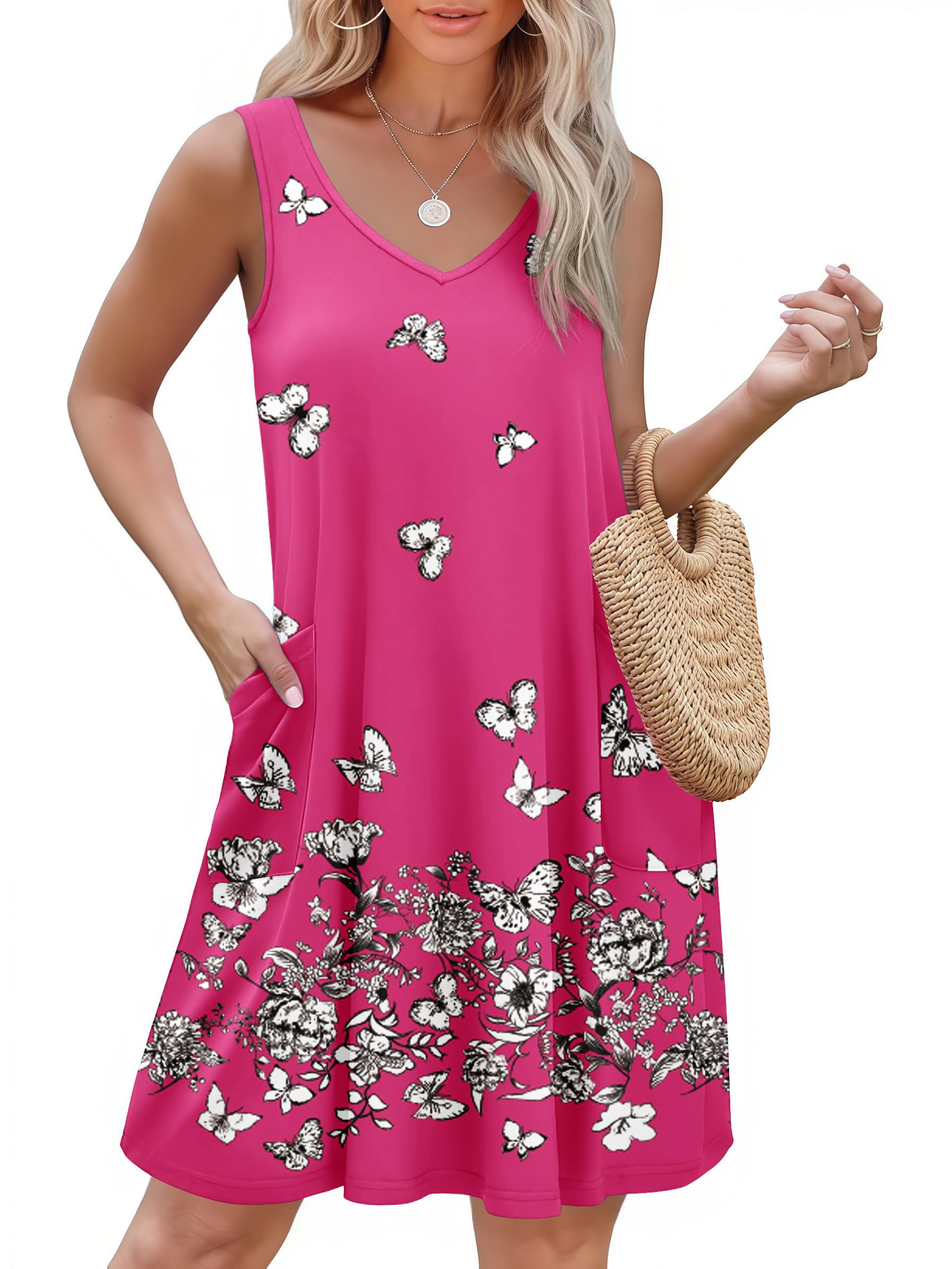 Ekouaer Women's Nightgown Sleeveless Nightshirt V Neck Chemise Soft Print Night Dress Sleepwear with Pockets