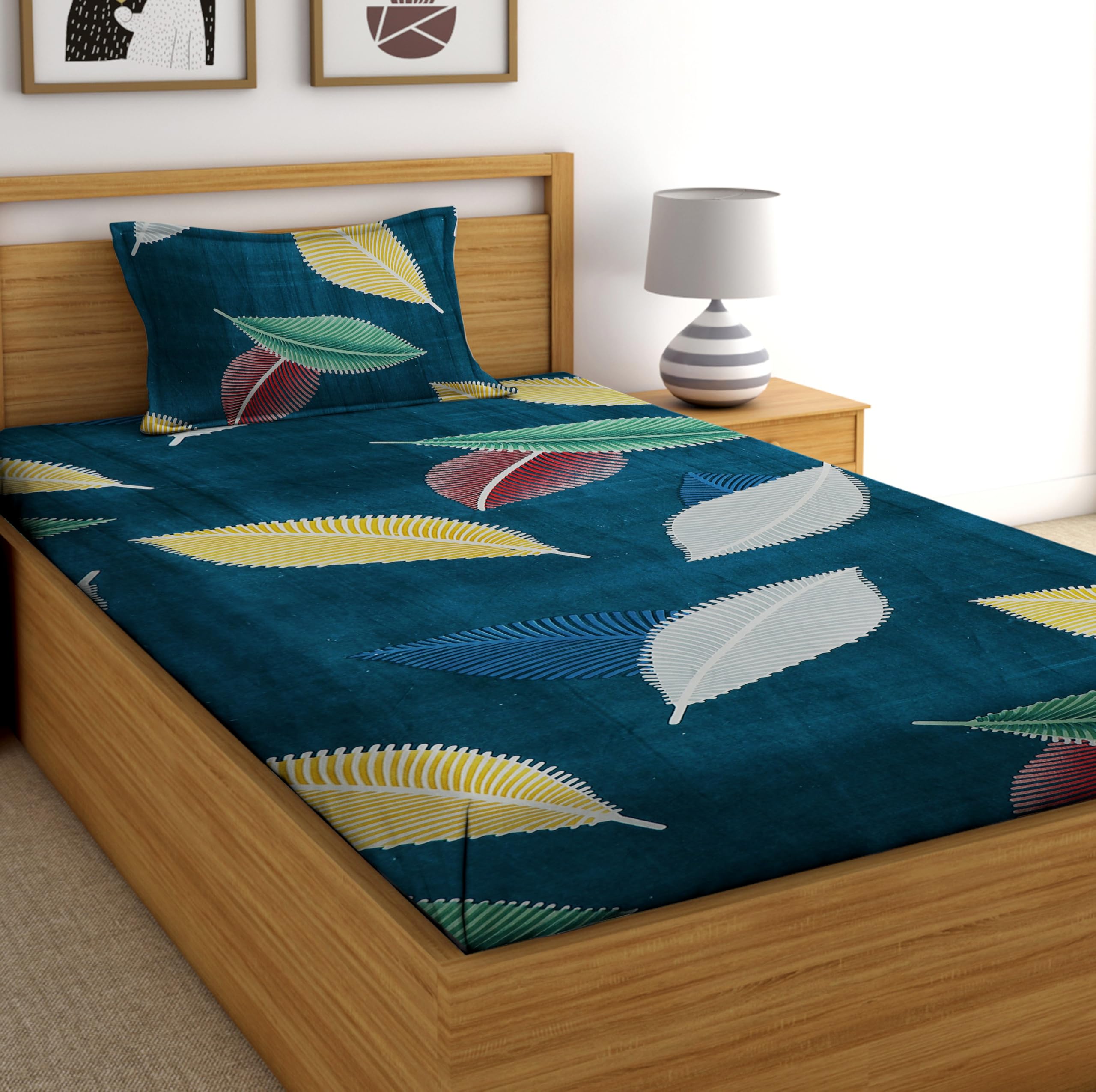 DECORUM Glace Cotton All Around Elastic Fitted Single Bedsheet (72"x48") with 1 Pillow Cover | Soft, Smooth & Wrinkle-Free Fabric | Fits Up to 6" Mattress | 200-220 TC