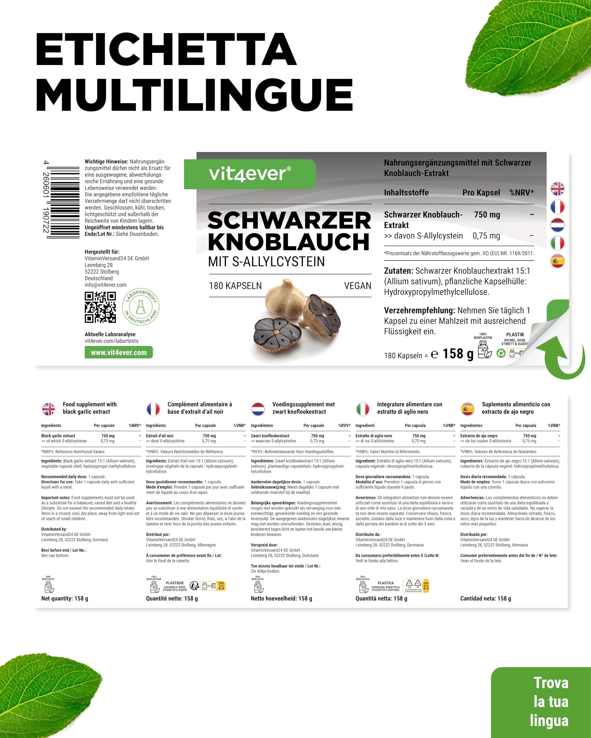 Aglio nero 15:1 Estratto - 180 Capsule da 750 mg - Premium: Con S-Allylcysteine (SAC) - Fermentato - Inodore - Testato in laboratorio - Altamente dosato - Vegan