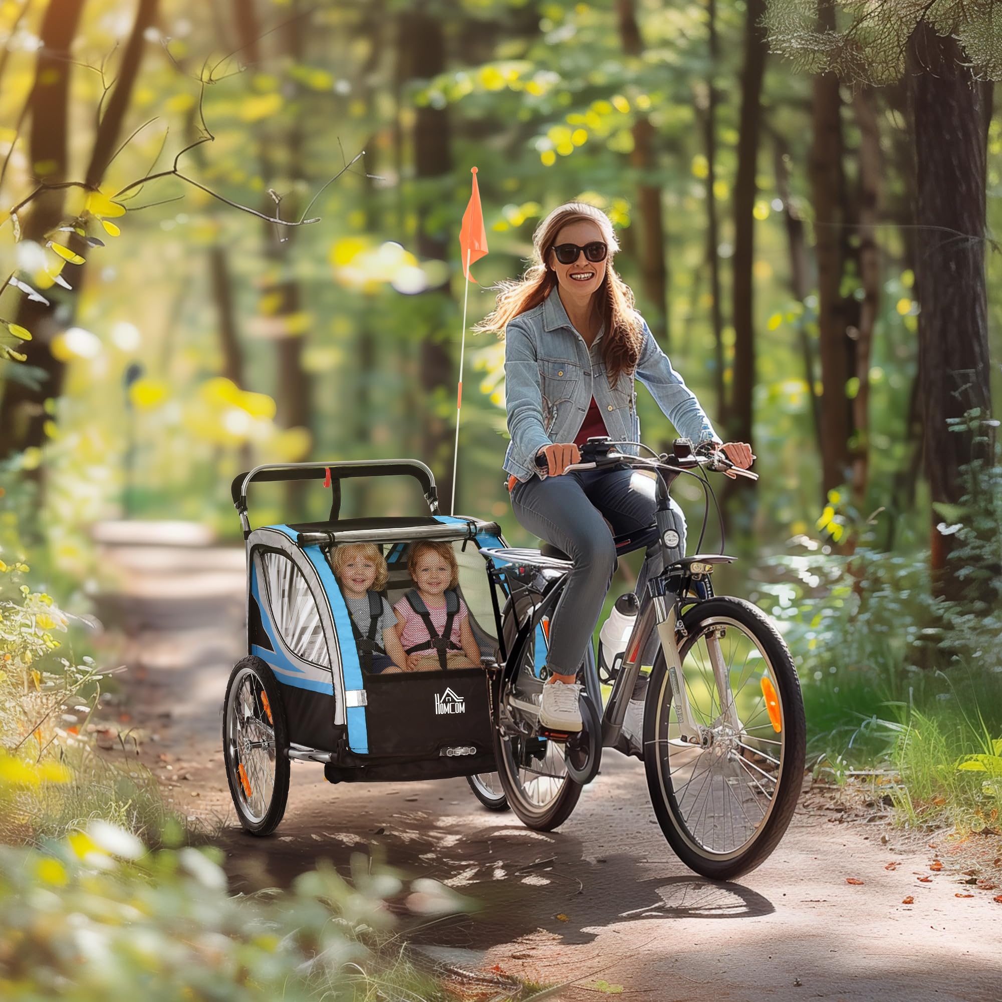 HOMCOM Remolque de Bicicleta para Niños y Cochecito, Diseño 2 en 1 con Freno, Cinturón de 5 Puntos, Carro Remolque para Bicicleta con Bolsillos Laterales, Reflectores y Banderín
