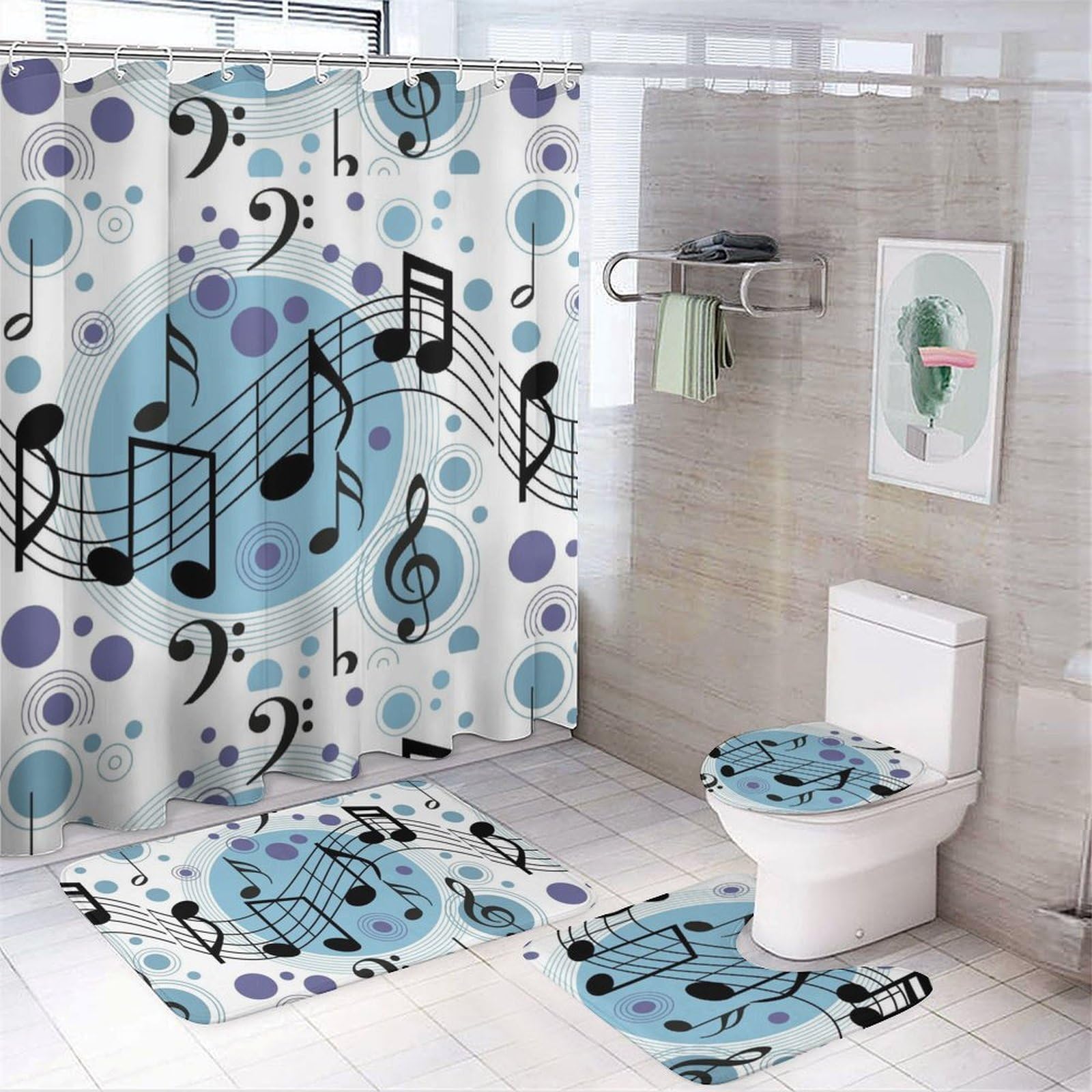 JZemdybill Bathroom Mat Set 4 Piece, Polka Dot Music Note Shower Curtain with Non-Slip Bath Mats for Bathroom