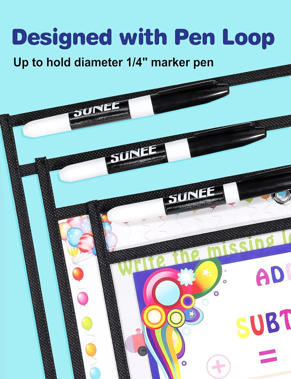 SUNEE 30 Packs Oversized Reusable Dry Erase Pocket Sleeves with 2 Rings, Black 10x14 Ticket Holders, Clear Plastic Sheet Protectors, Teacher School Classroom Supplies : Office Products
