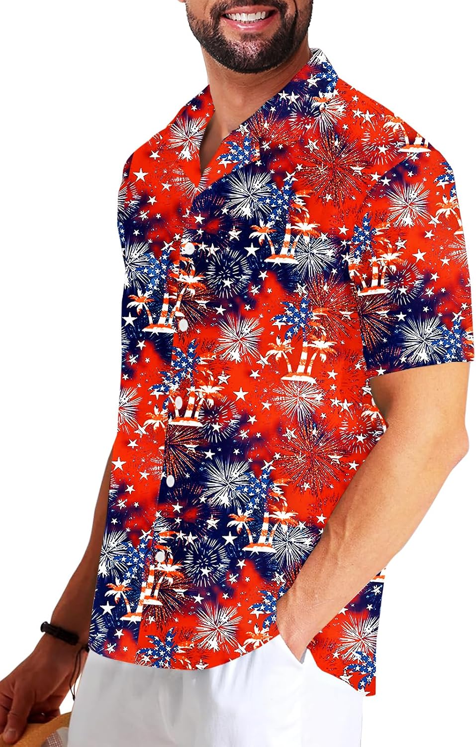 AOBUTE Men July 4th Button Shirts American Flag Hawaiian Shirt Star Stripe Holiday Top