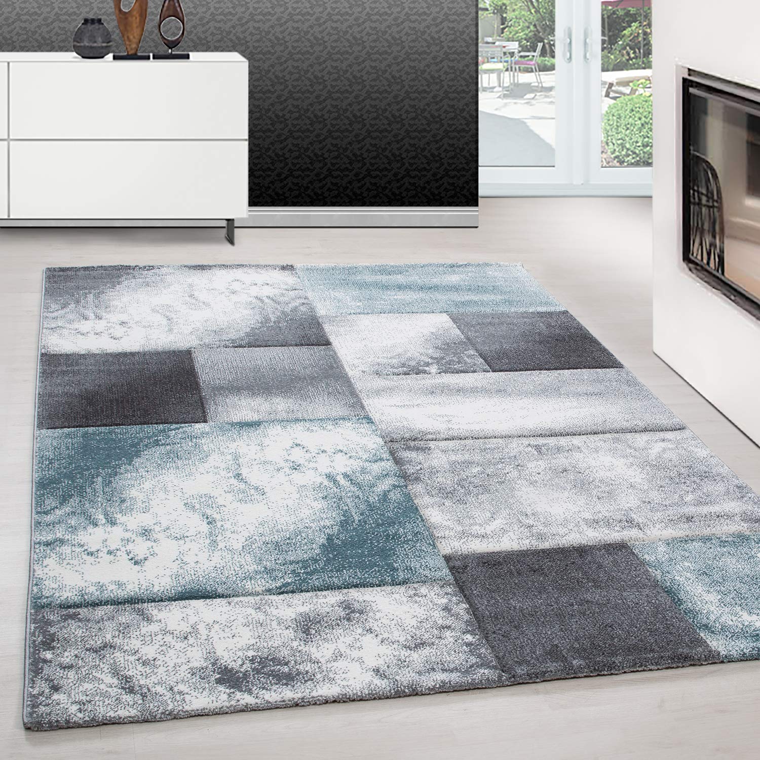 Designer Konturenschnitt Teppich Kurzflor, Kariert Design, Rechteckig, Grau - Schwarz, Pflegeleicht, Wohnzimmerteppich