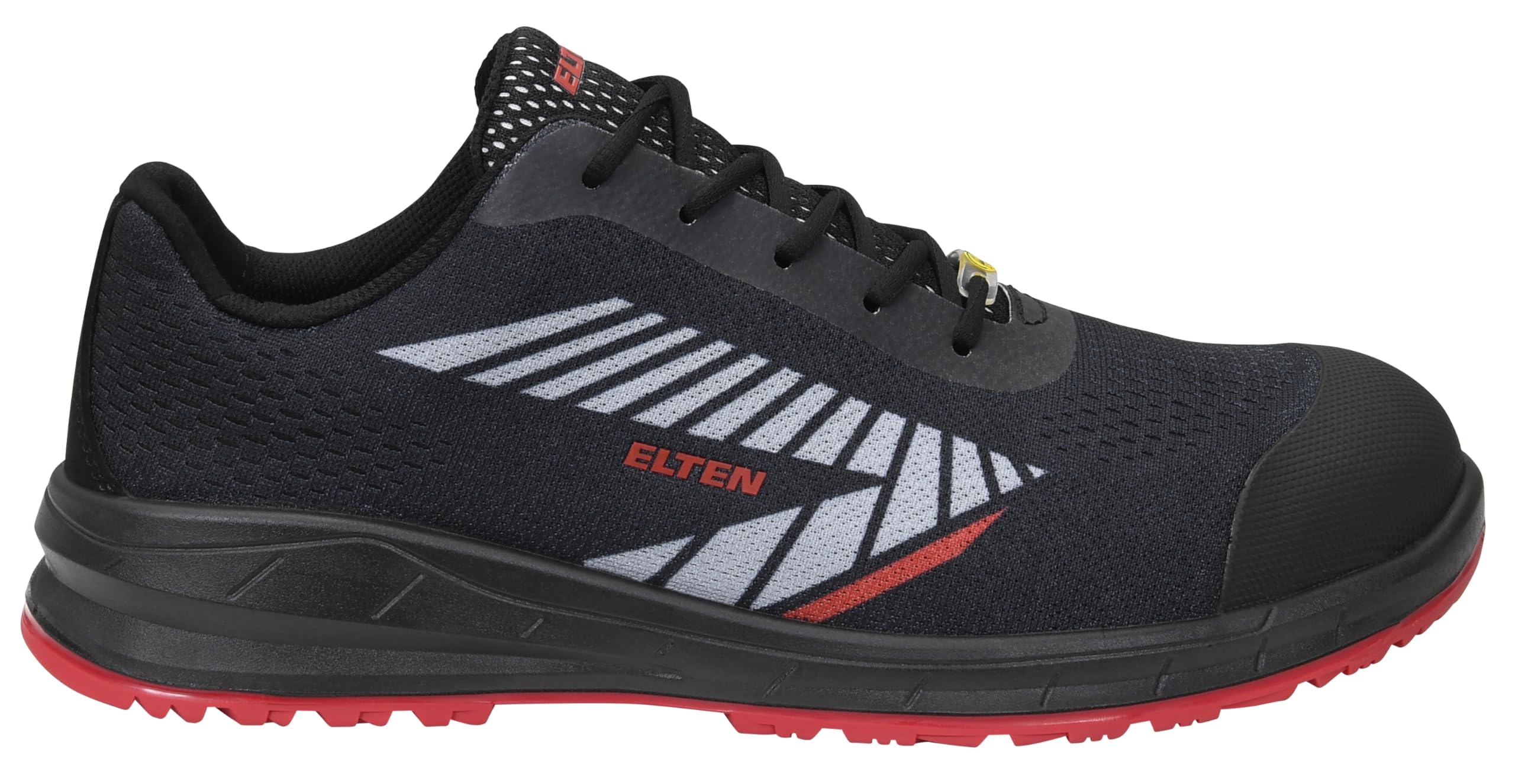ELTEN Obuwie ochronne Larkin XXSports Black-Grey Low ESD S1P, dla kobiet i mężczyzn, tekstylne, stalowe noski, lekkie, sportowe, czarne/czerwone