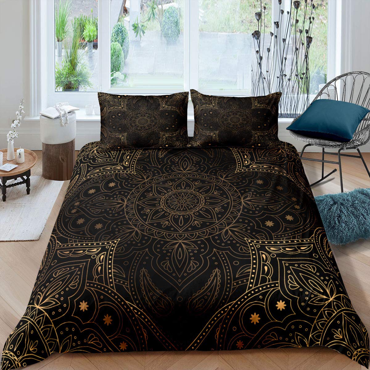 Homewish Bohemian Comforter Cover Golden Mandala Duvet Cover Set Paisley Floral Bedding Set For Kids Boys Girls Exotic Tribal Boho Bedclothes With 1 Pillow Case Single Size Bedroom Decor Gold Black