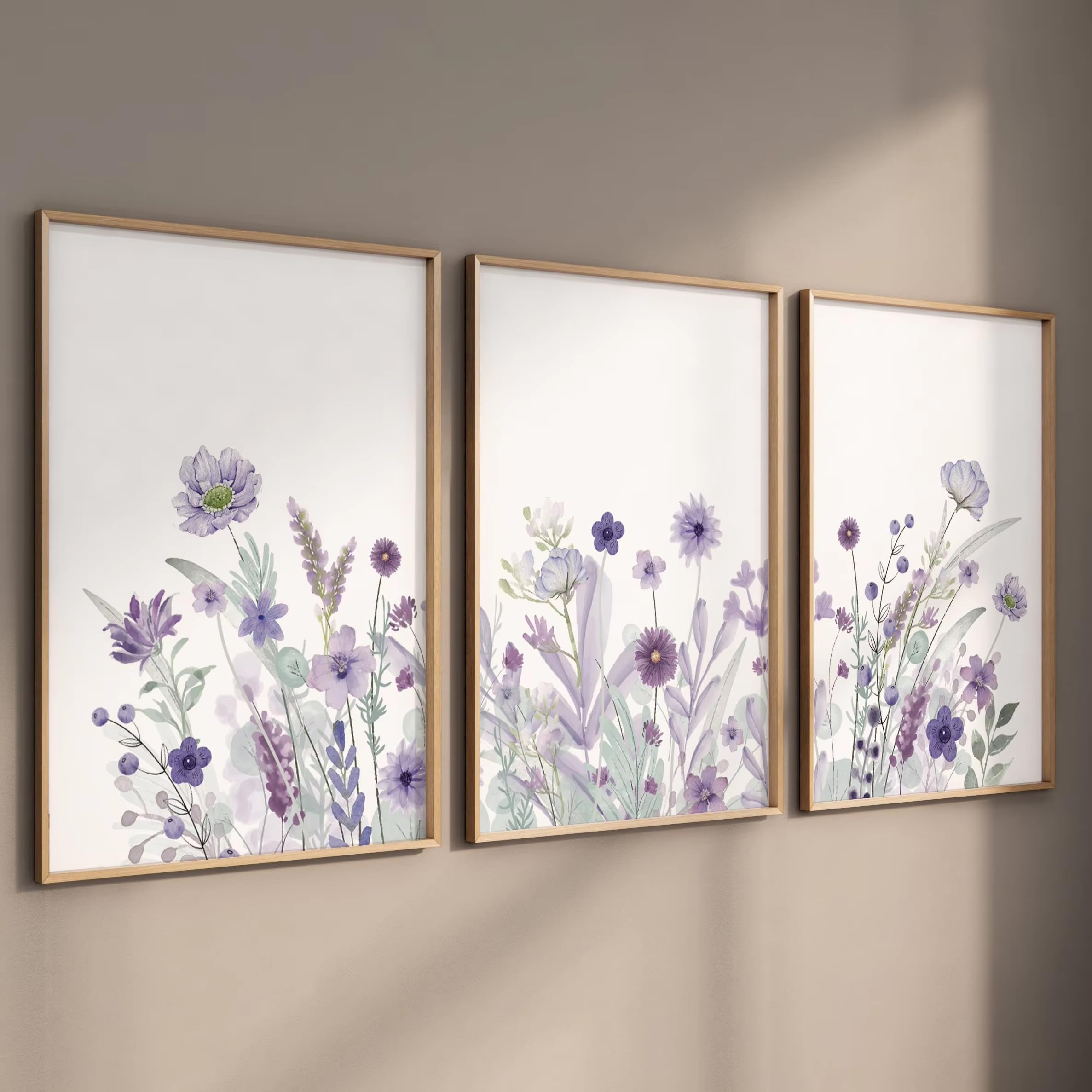 awtrhfc Wildflower Nursery Canvas Print Wall Art Lavender Lilac Girls Room Decor Boho Floral Art Birthday(50x75cm(20x30in) x3/No frame)