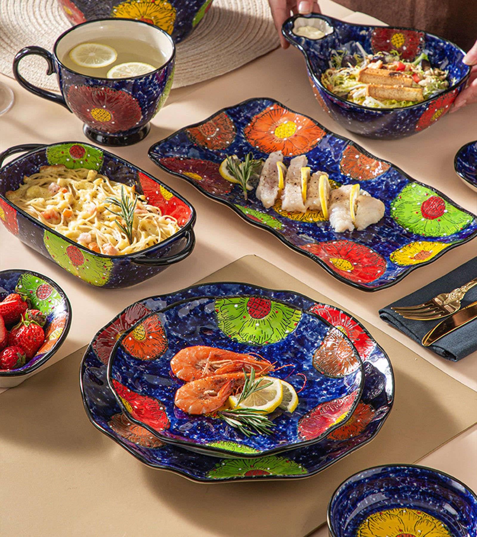 Ramen-Schüssel, Keramik-Instant-Nudelschüssel, Ramen-Schüssel 2er-Set, Keramik-Ramen-Schüssel, große Suppenschüsseln-Blau und Blumen-8 Zoll(Blue)
