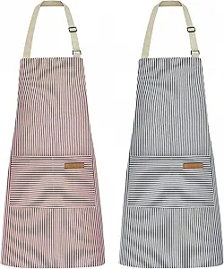2 Pack Kitchen Cooking Aprons, Adjustable Bib Soft Chef Apron with 2 Pockets for Men Women (Blue Pinstripes/Pink Pinstripes)