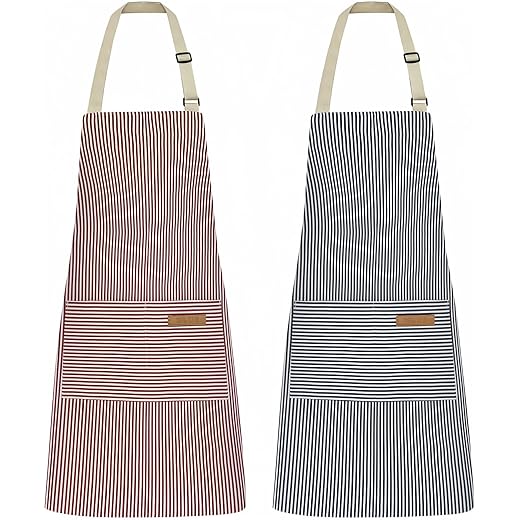 NLUS 2 Pack Kitchen Cooking Aprons, Adjustable Bib Soft Chef Apron with 2 Pockets for Men Women (Blue Pinstripes/Pink Pinstripes)