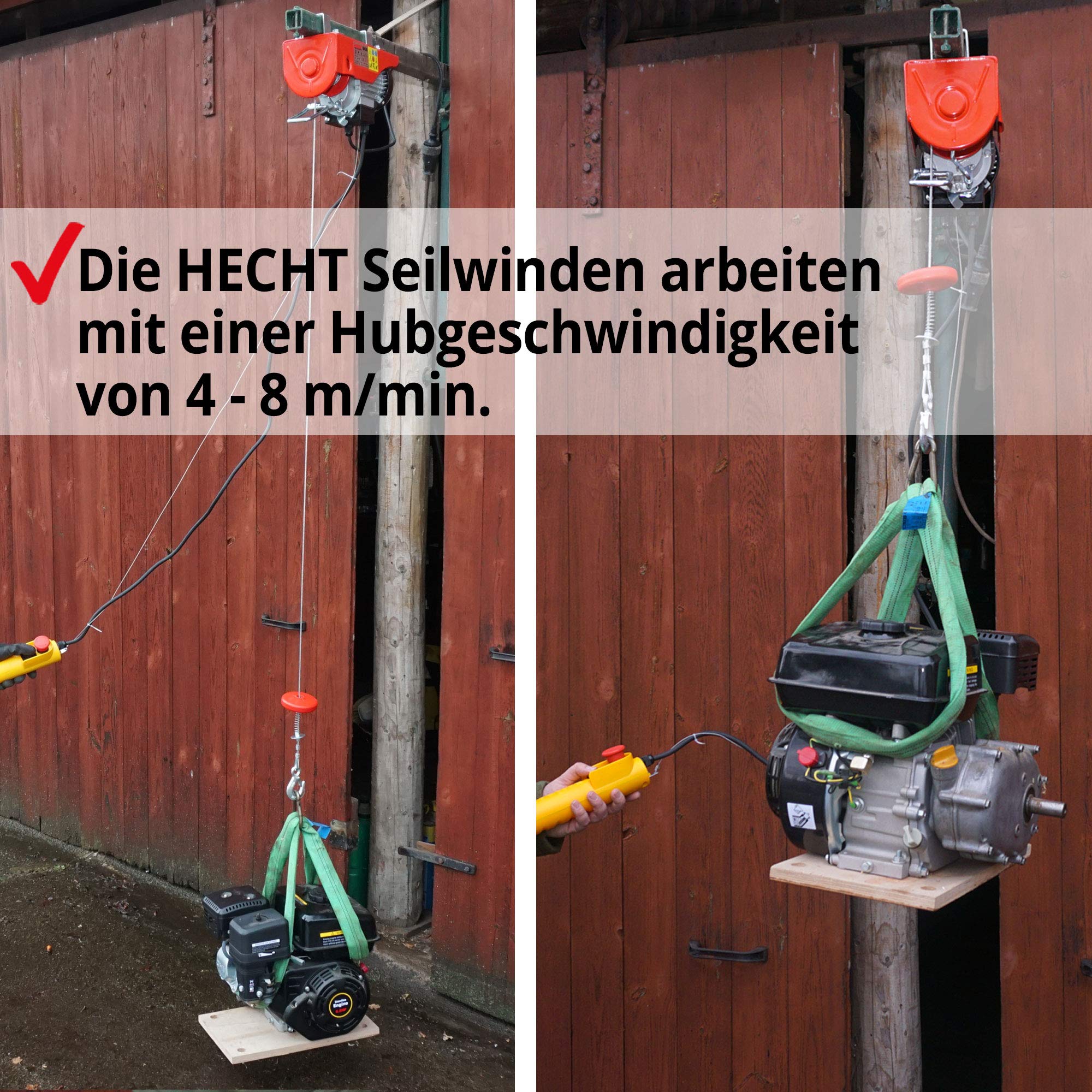 HECHT Elektro Seilzug 125/250 kg 230 V mit Umlenkrolle | Elektrische Seilwinde mit Stahlseil und automatischer Bremse, Deckenlift für schwere Lasten in Werkstatt und Garage