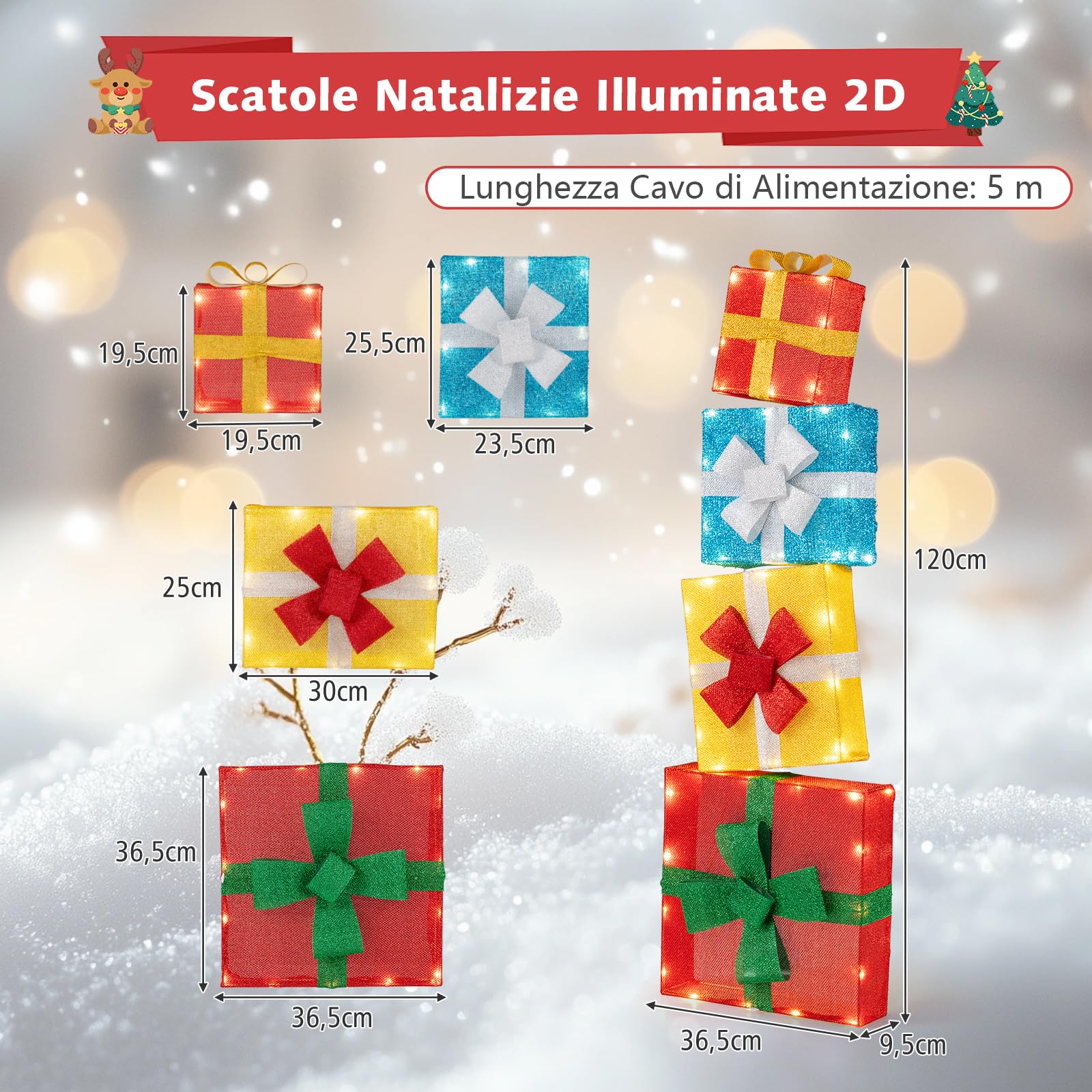 COSTWAY Scatole Regalo per Decorazioni di Natale, Set 2D da 4 Scatole Sovrapposte Preilluminate, Scatole Regalo Impilabili da 120 cm con LED e Fiocchi per Interni ed Esterni, Giardino, Cortile
