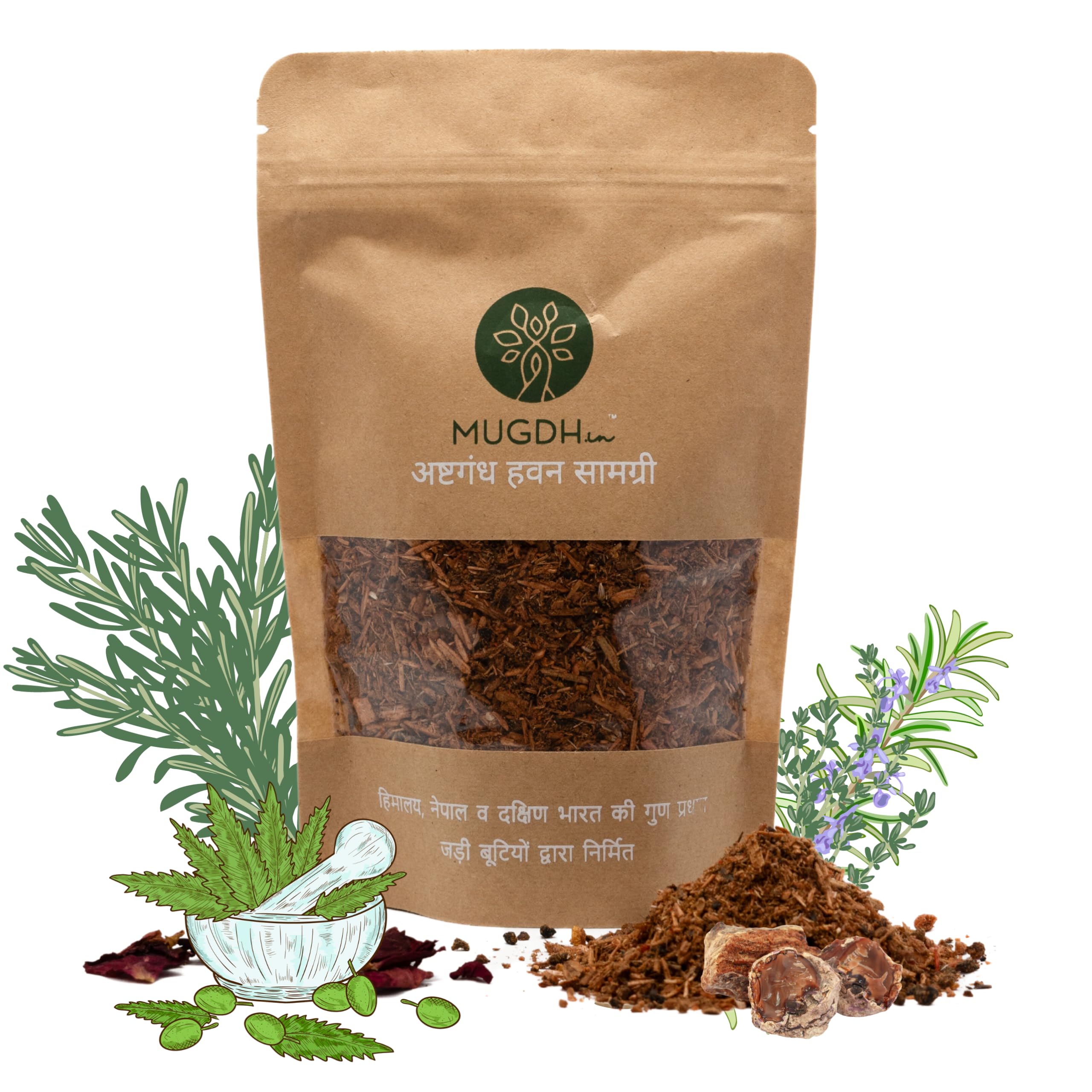 Mugdh Ashtagandha Havan Samagri - 200g | Zero Chemical, Natural Ingredients with Pure Essential Oil | Herbs sourced from Himalayas, Southern Indian and Nepal | Hawan Kund Dhoop