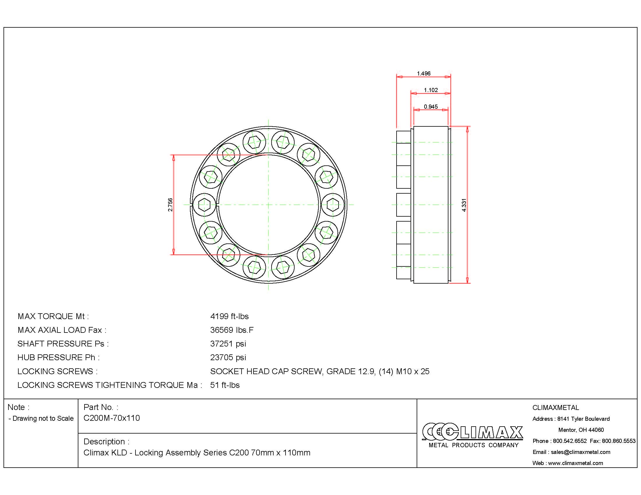 Climax Metals C200M-70X110 Series 200 Locking Assembly, Steel, 2.76