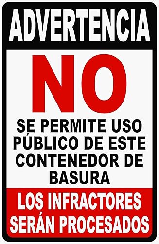 Señal de advertencia en español sin uso público de contenedor de basura. 9x12 Metal. Advertencia Publico Contenedor de Basura Letrero. Reglas de disponible en Yaxa Colombia