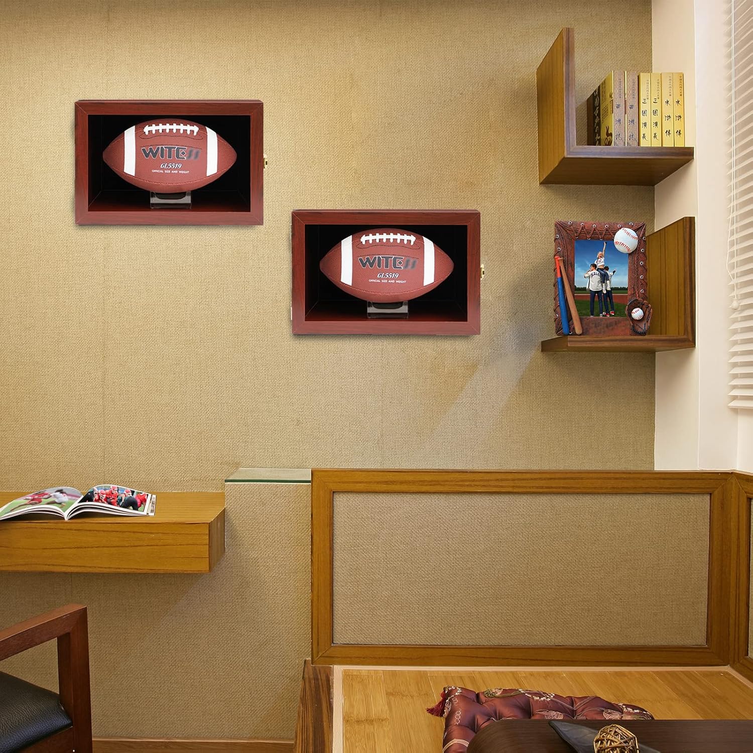 Football Display Case Wall Mount Lockable Clear View Full Size Anti Fade UV Protective Acrylic Door Wooden Signed Memorabilia Football Box Shelf Holder-Double Ball (Single Ball Cherry)