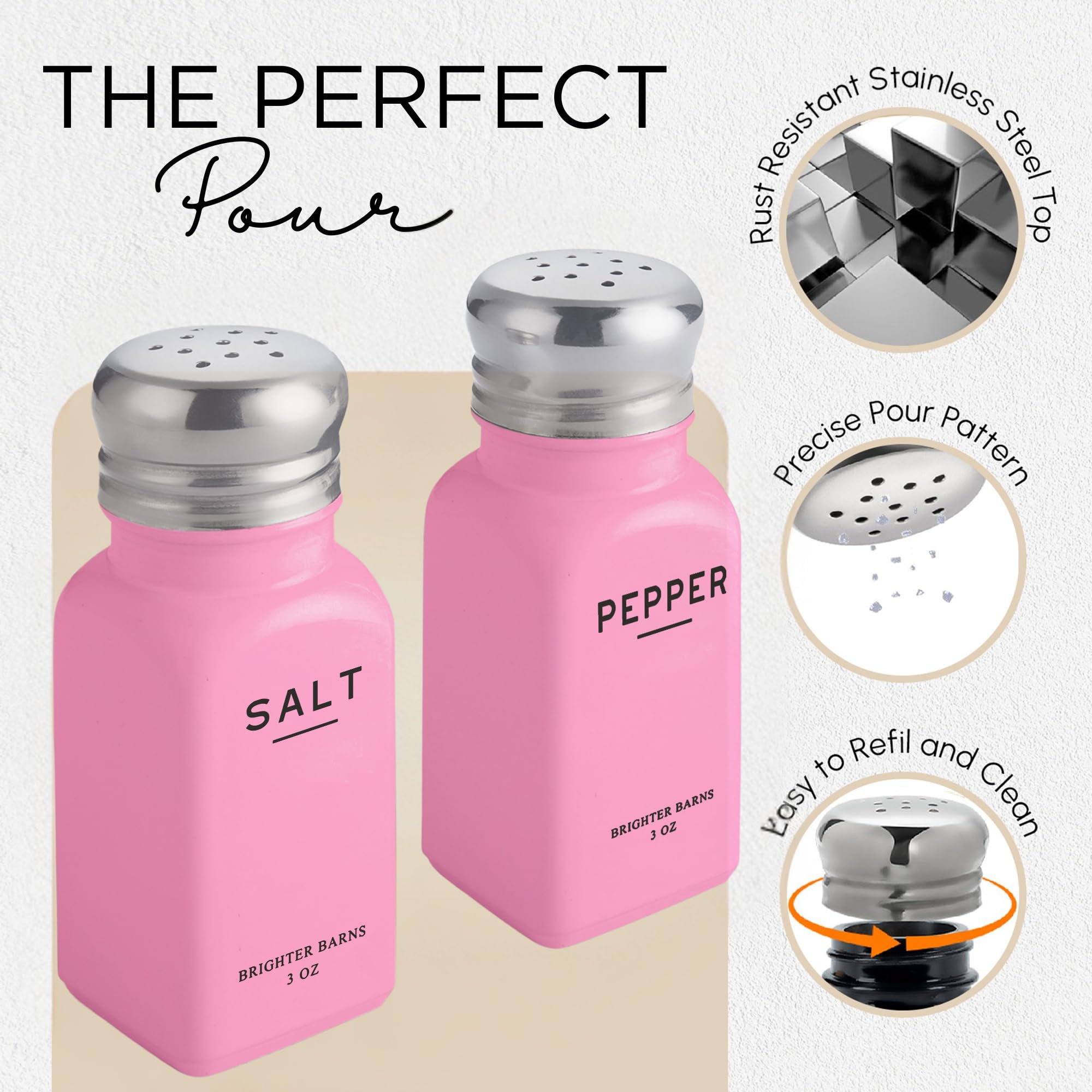 Brighter Barns - Juego de salero y pimentero rosa – Accesorios de cocina rosados – Bonito juego de sal y pimentero con tapas de acero inoxidable – Decoración rosa – Esenciales de cocina rosa para