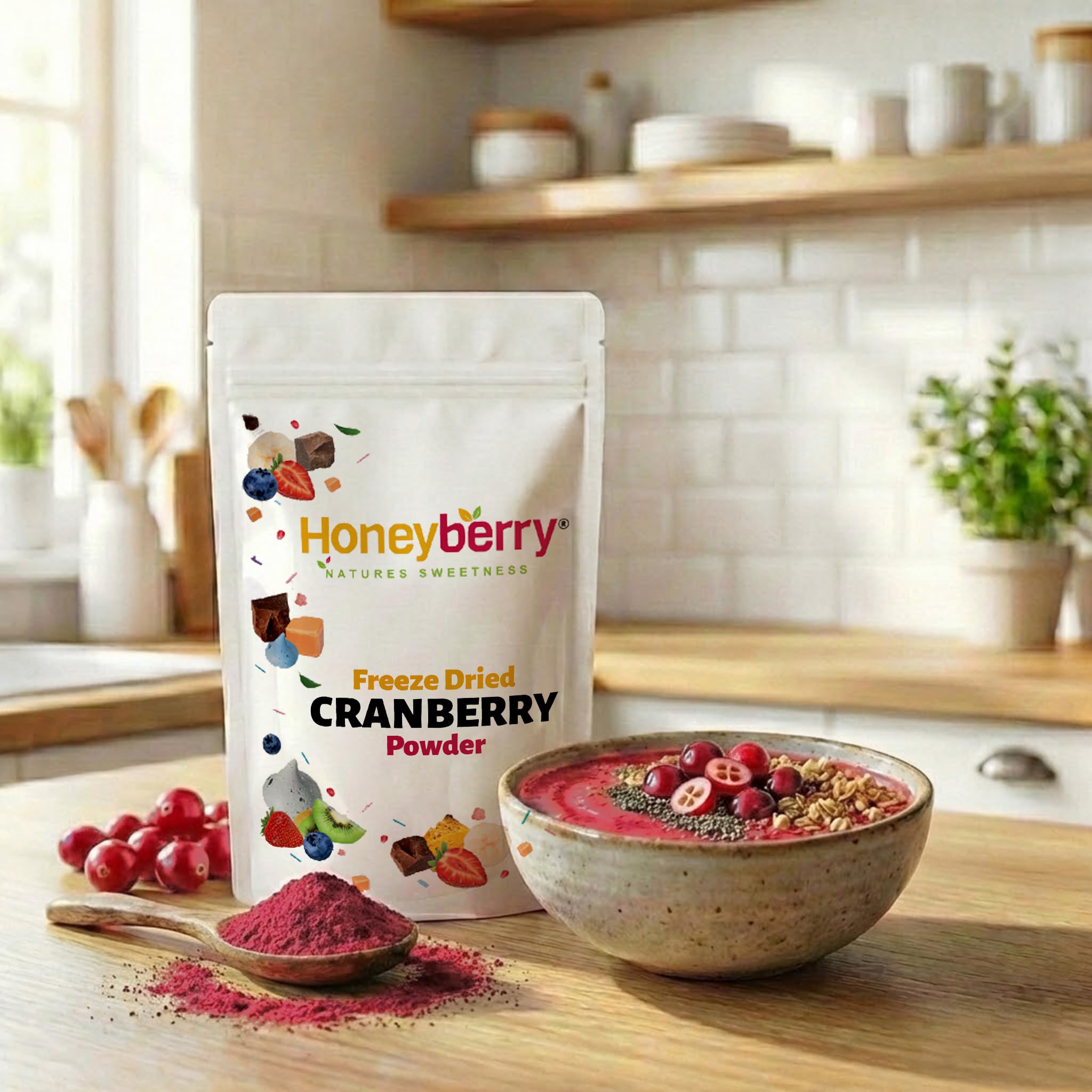 Polvo de Arándano Rojo Liofilizado 250g — Cranberry en Polvo — Fruta Liofilizada en Polvo sin Azúcar — Colorante Natural Rojo — Para Repostería, Batidos, Yogur, Muesli y Postres