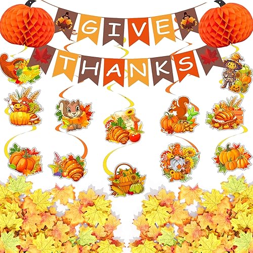 Juego de decoraciones para fiesta de Acción de Gracias, 1 pancarta de agradecimiento y 12 adornos en espiral de Acción de Gracias, 50 hojas de arce,