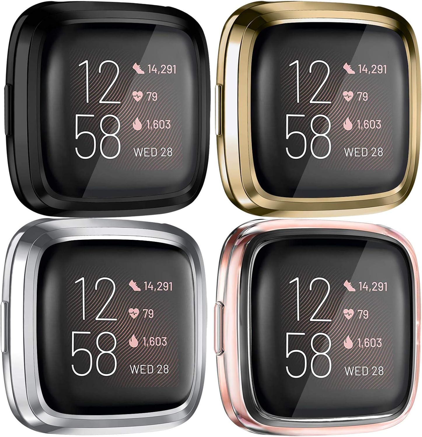Tobfit 4 Pack Screen Protector Case Compatible with Fitbit Versa 2, Soft TPU Ultra-Thin Scratch Resistant Full Protective Case Cover (Clear/Black/Gold/Silver)